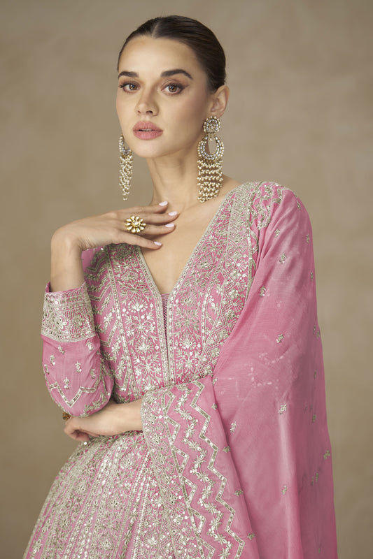 Pink Readymade Chinon Silk Gown with Dupatta