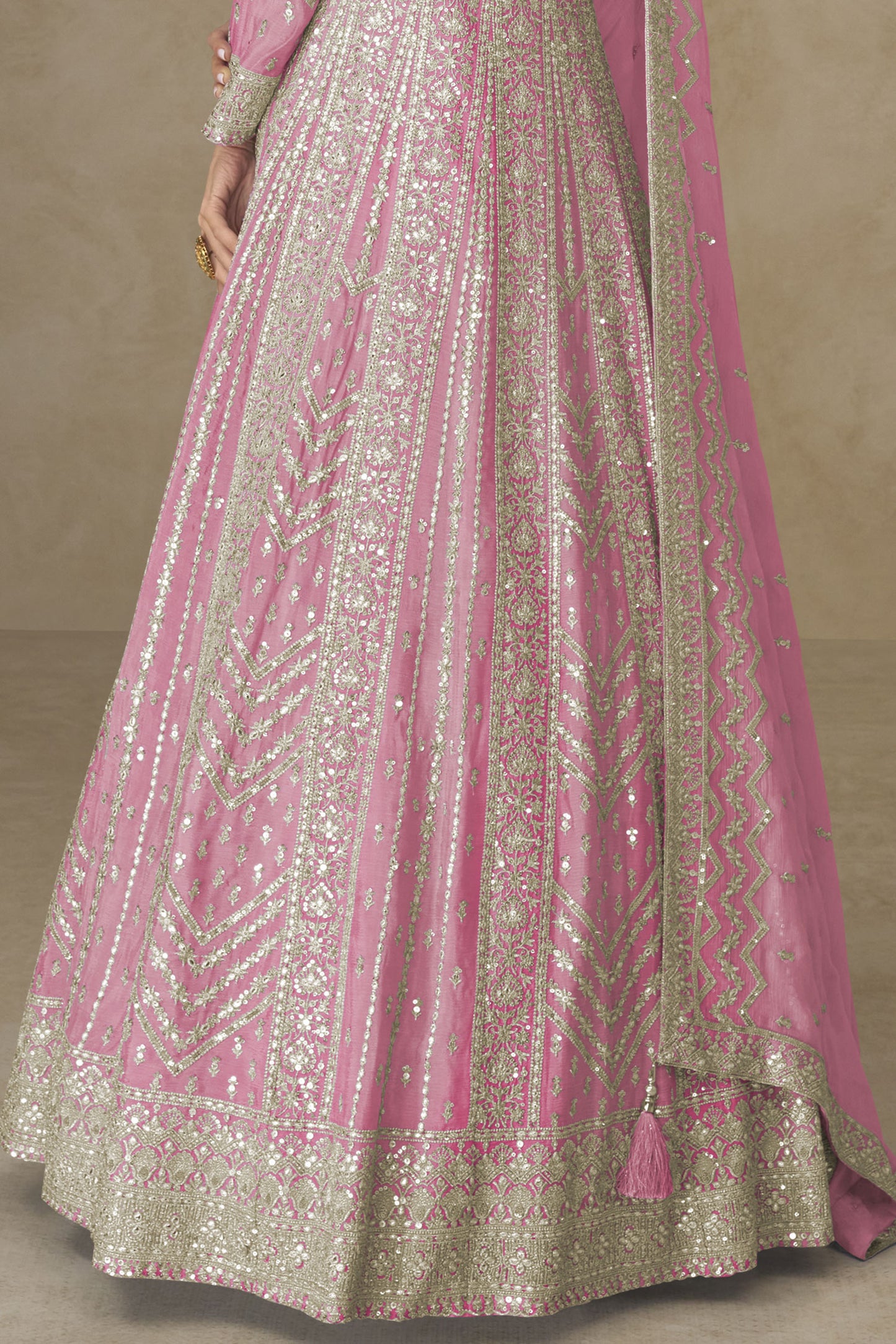 Pink Readymade Chinon Silk Gown with Dupatta