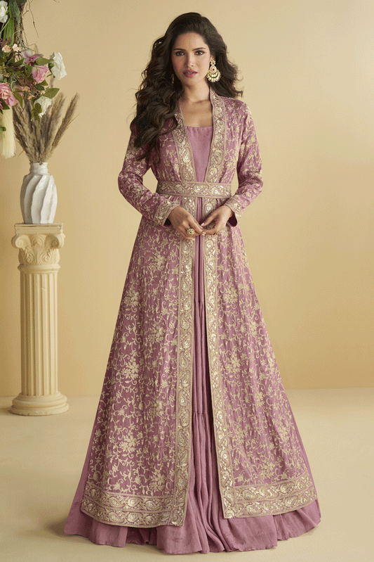 Pink Readymade Chinon Silk Gown with Jacket-SS889_1_SareeButa.com