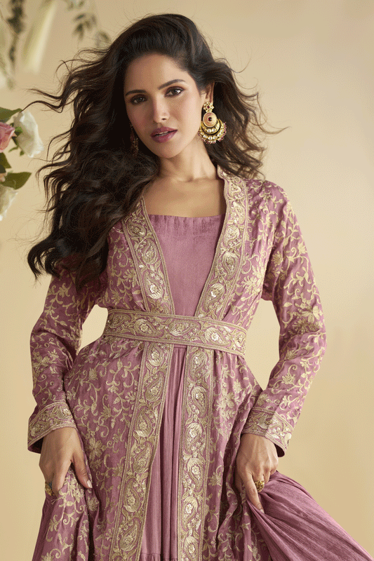 Pink Readymade Chinon Silk Gown with Jacket-SS889_2_SareeButa.com