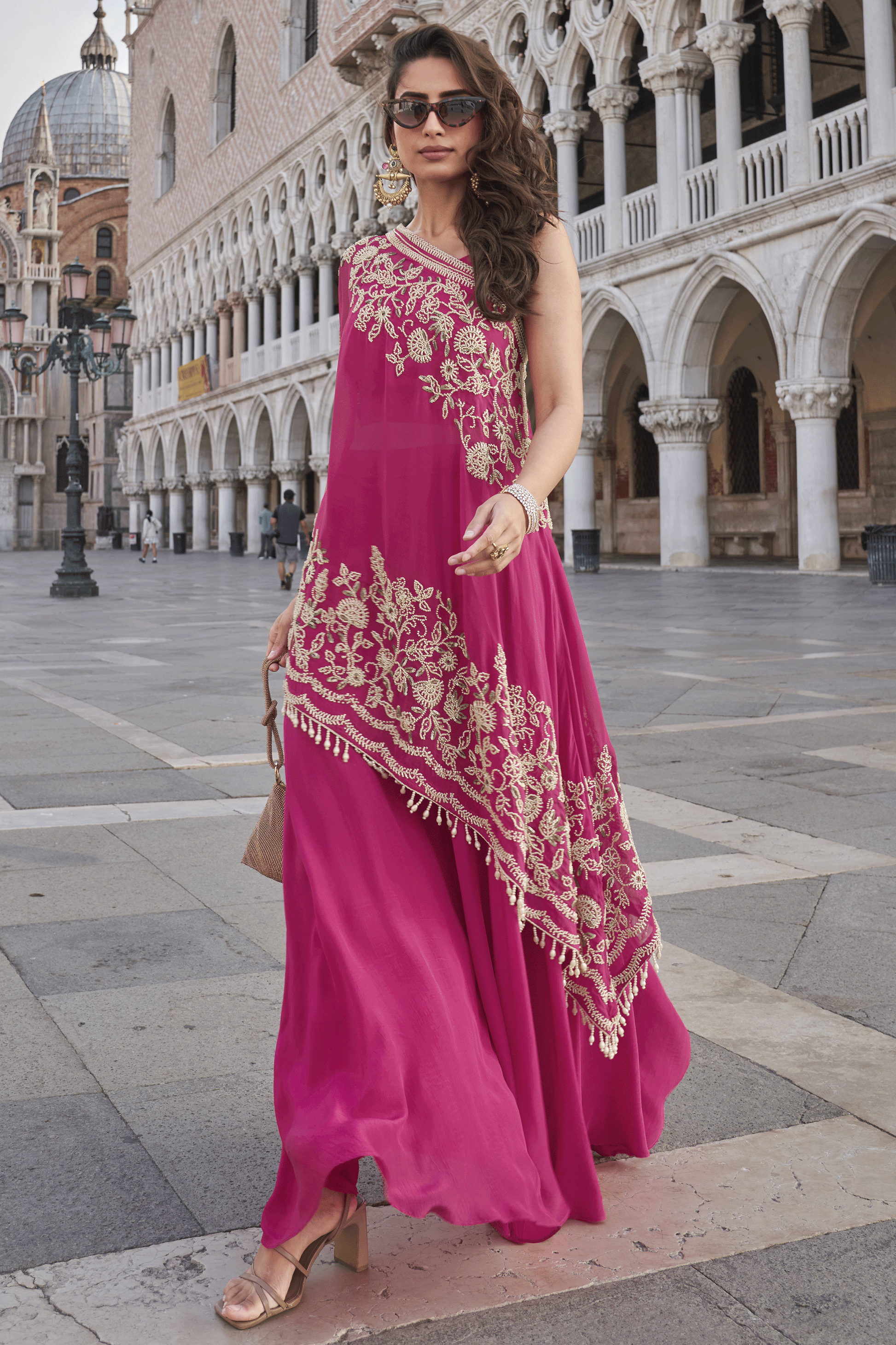 Pink Readymade Crepe One-Shoulder Palazzo Set-SS860_1_SareeButa.com