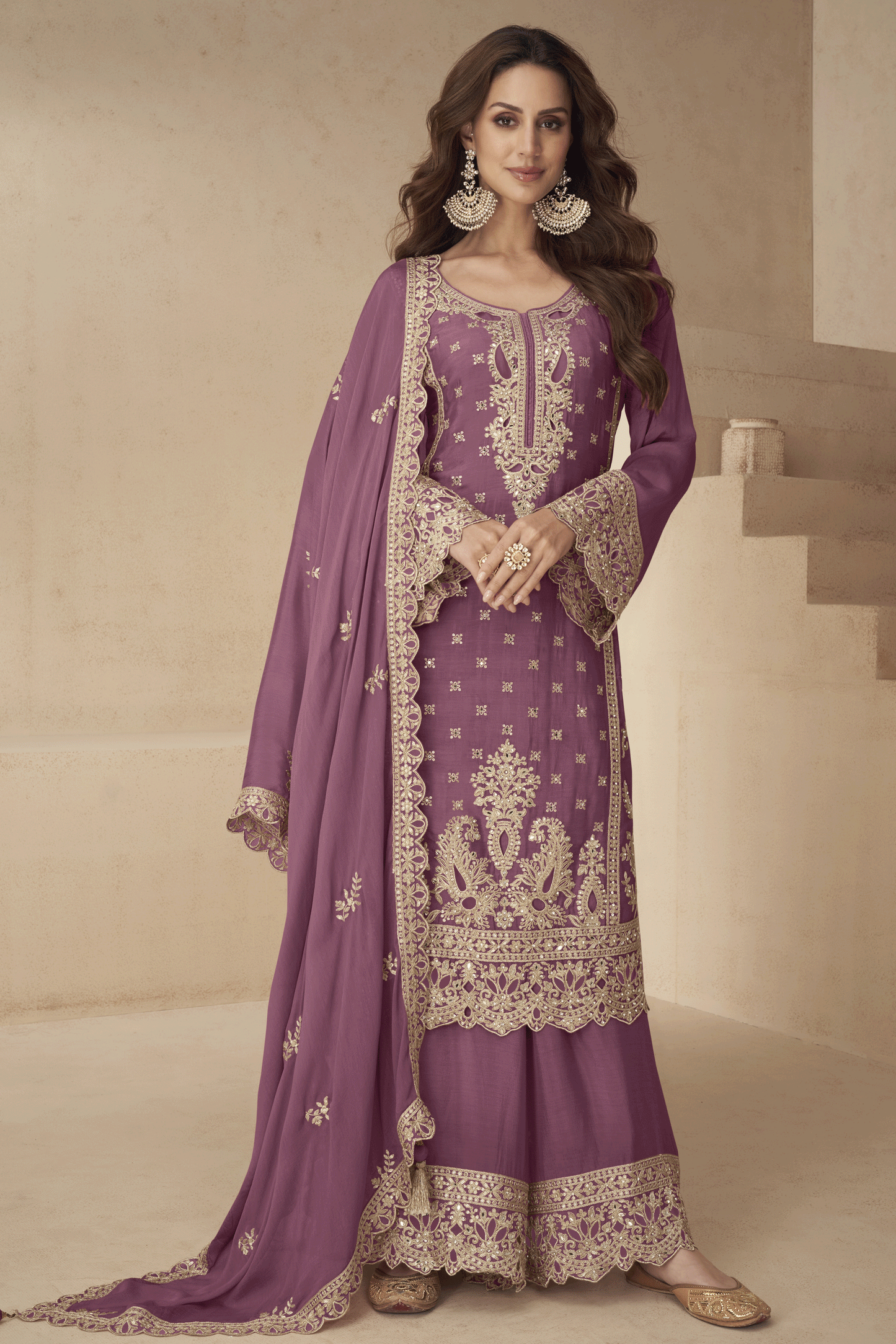 Pink Readymade Embroidered Chinon Palazzo Suit-SS906_1_SareeButa.com