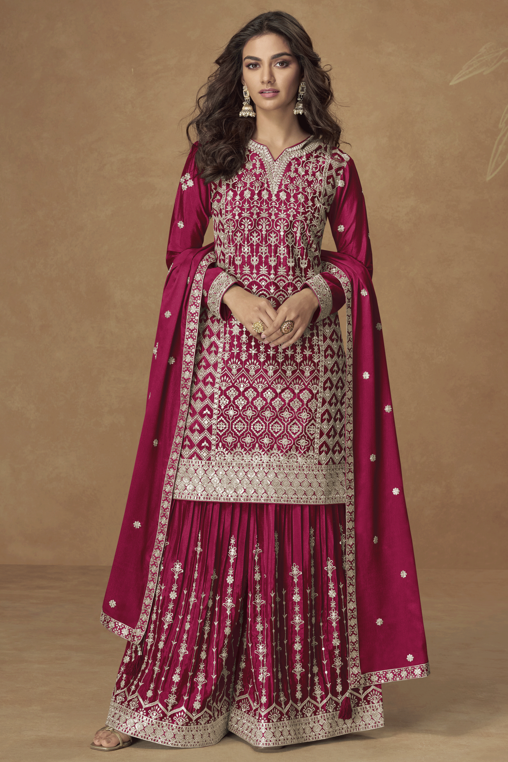 Pink Readymade Embroidered Chinon Silk Palazzo Suit-SS848_1_SareeButa.com