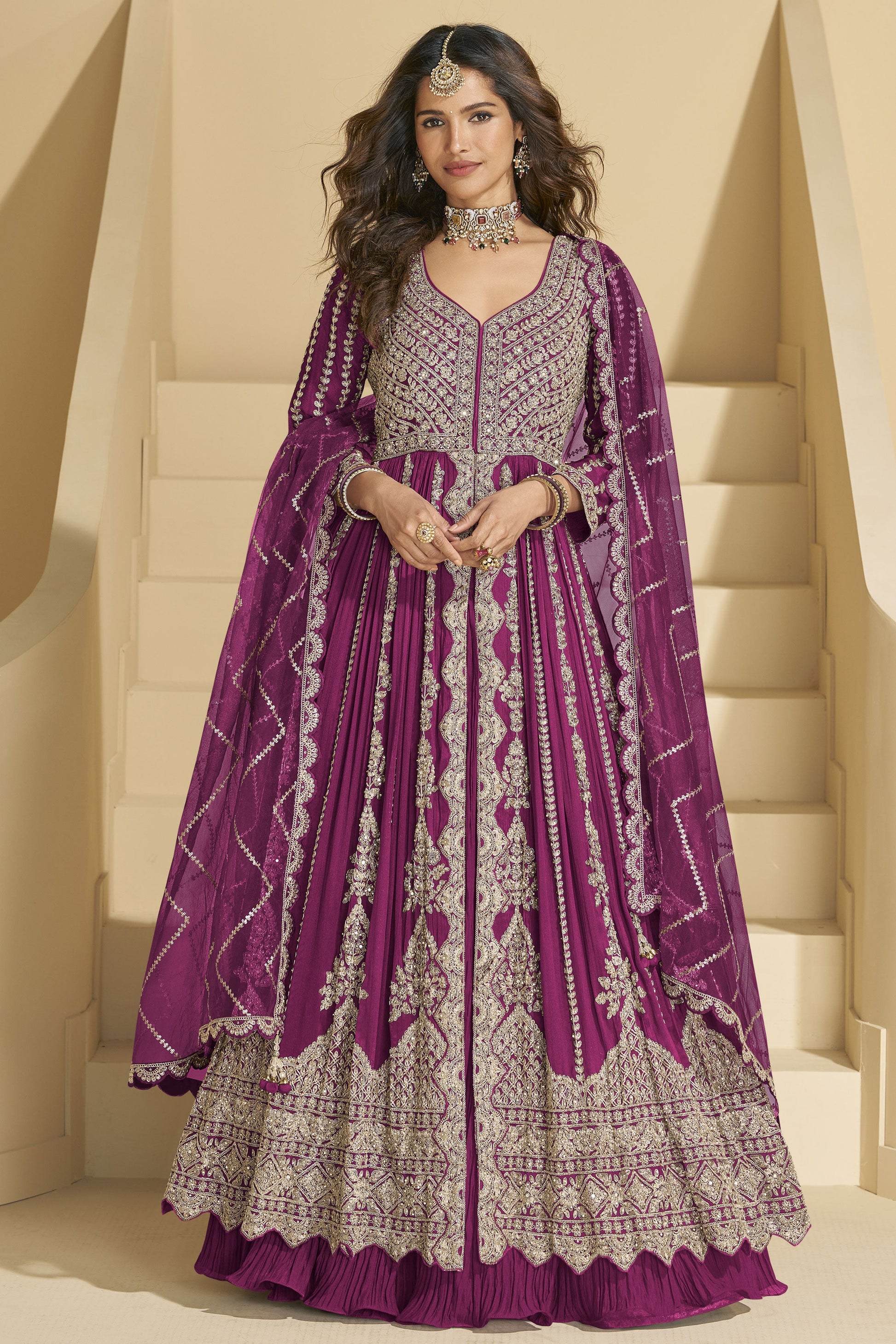 Pink Readymade Embroidered Chinon Silk Skirt Suit-SS829_1_SareeButa.com