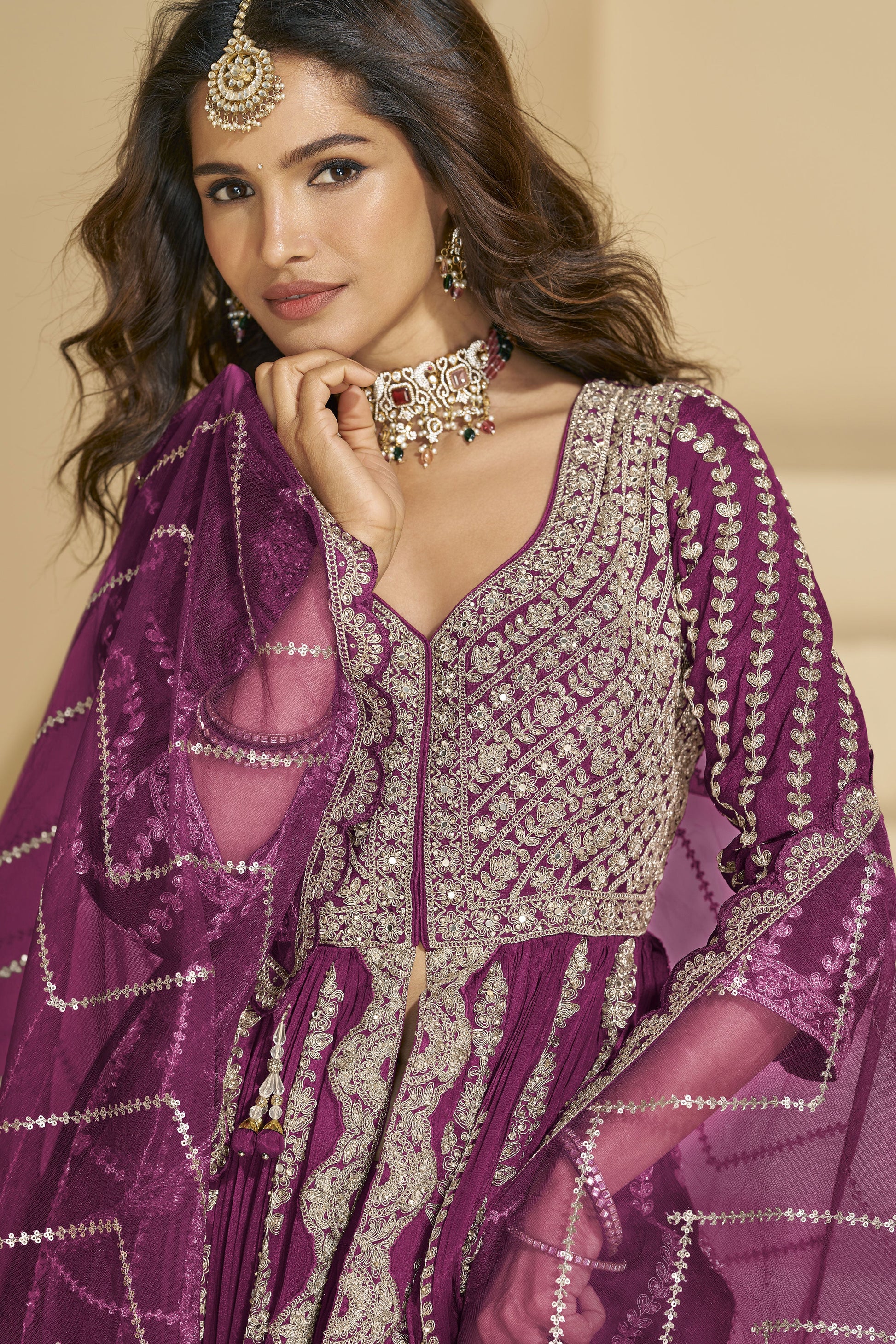 Pink Readymade Embroidered Chinon Silk Skirt Suit-SS829_2_SareeButa.com