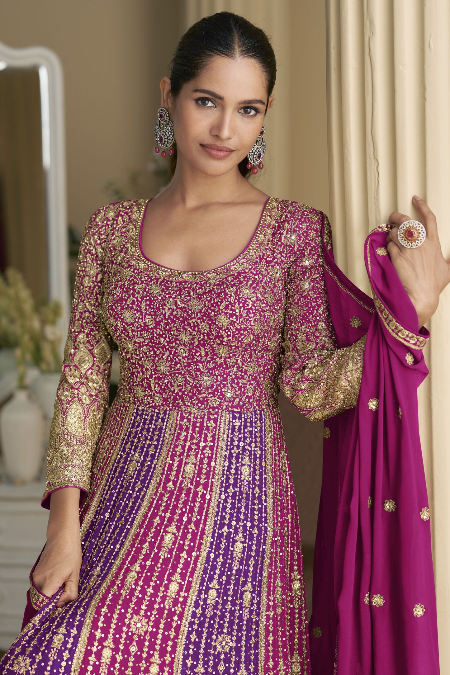 Pink Readymade Embroidered Georgette Gown with Dupatta-SS915_2_SareeButa.com