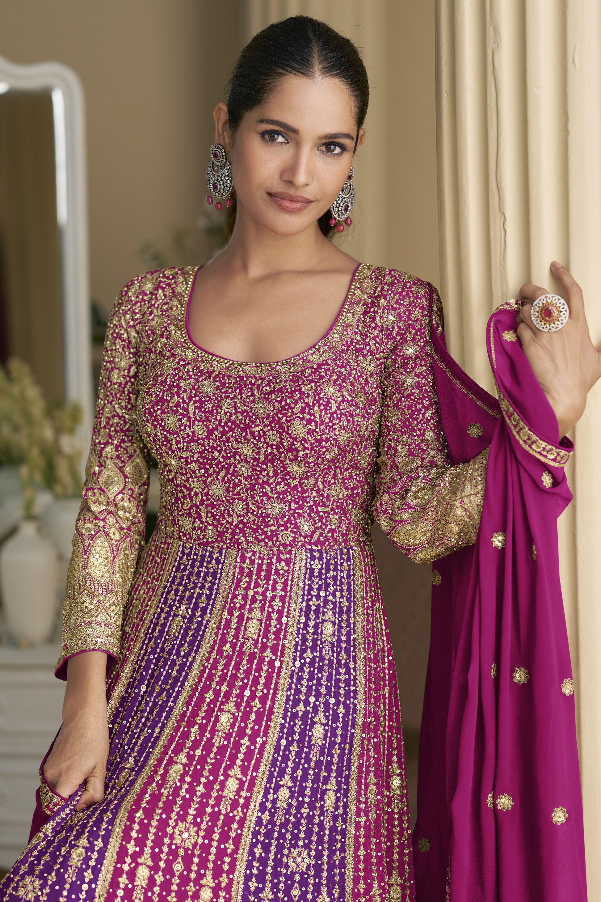 Pink Readymade Embroidered Georgette Gown with Dupatta-SS915_2_SareeButa.com