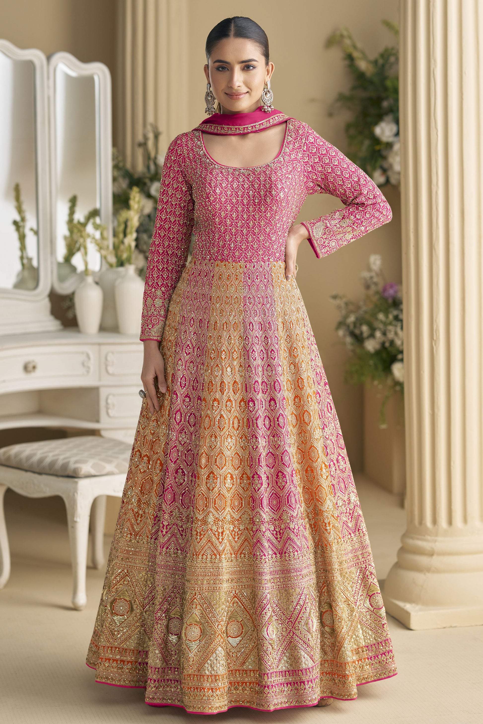 Pink Readymade Embroidered Georgette Gown with Dupatta-SS916_1_SareeButa.com