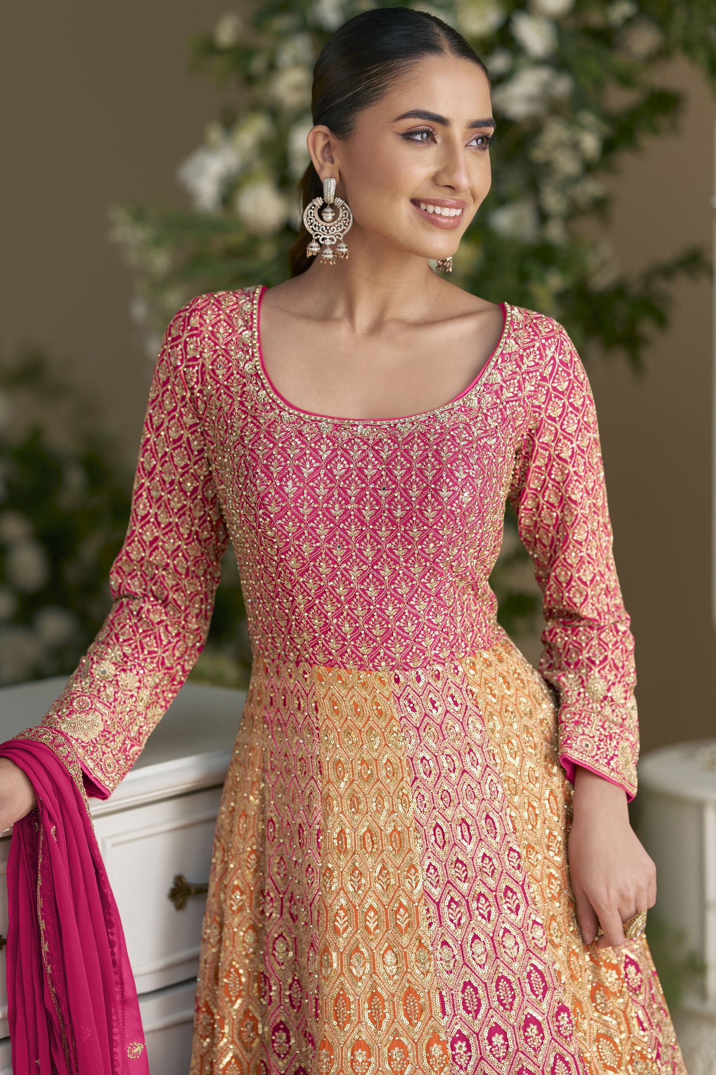 Pink Readymade Embroidered Georgette Gown with Dupatta-SS916_2_SareeButa.com