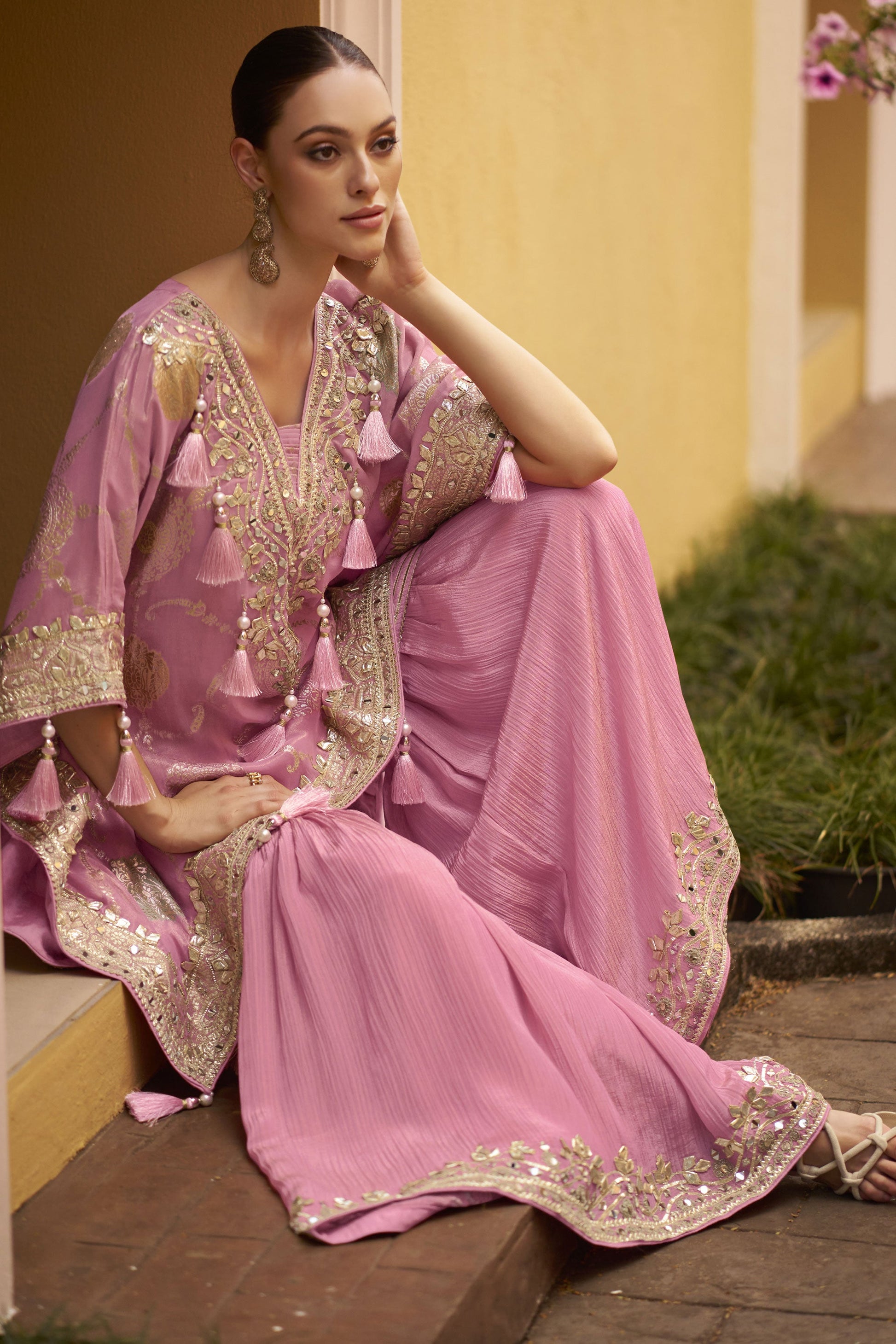 Pink Readymade Embroidered Silk Kaftan Set-SS909_3_SareeButa.com