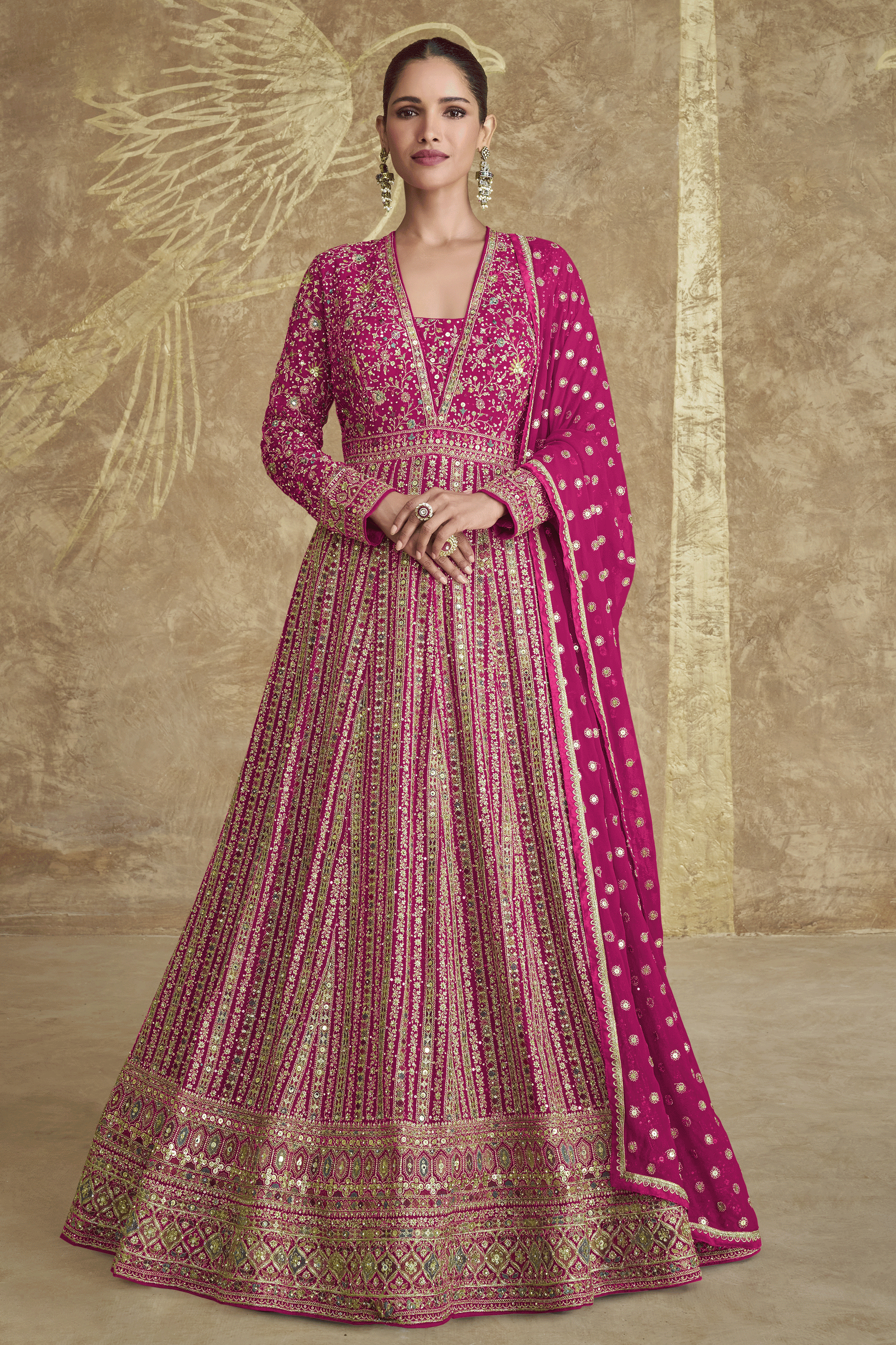 Pink Readymade Heavy Work Georgette Gown with Dupatta-SS610_1_SareeButa.com