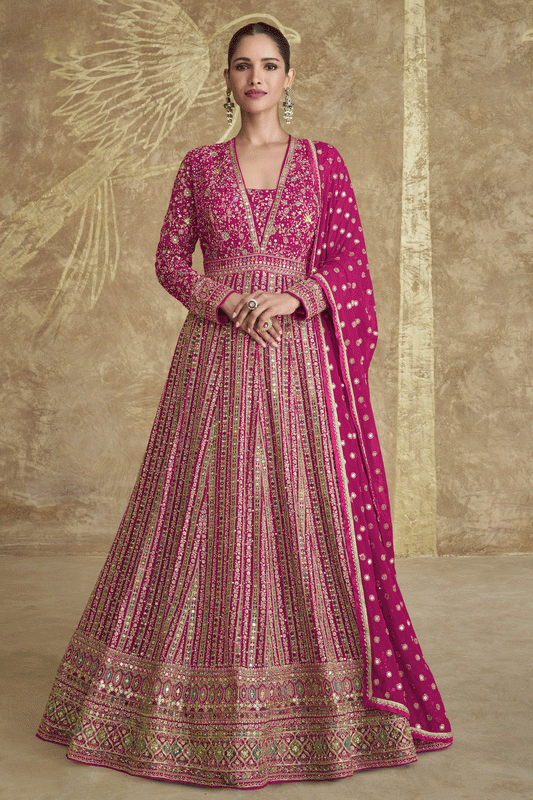 Pink Readymade Heavy Work Georgette Gown with Dupatta-SS610_1_SareeButa.com