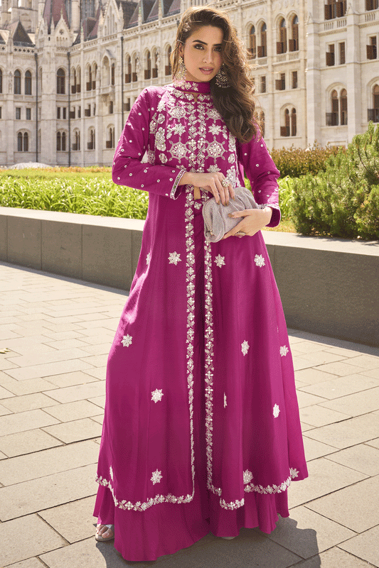 Pink Readymade Organza Silk Front Slit Palazzo Suit-SS853_1_SareeButa.com