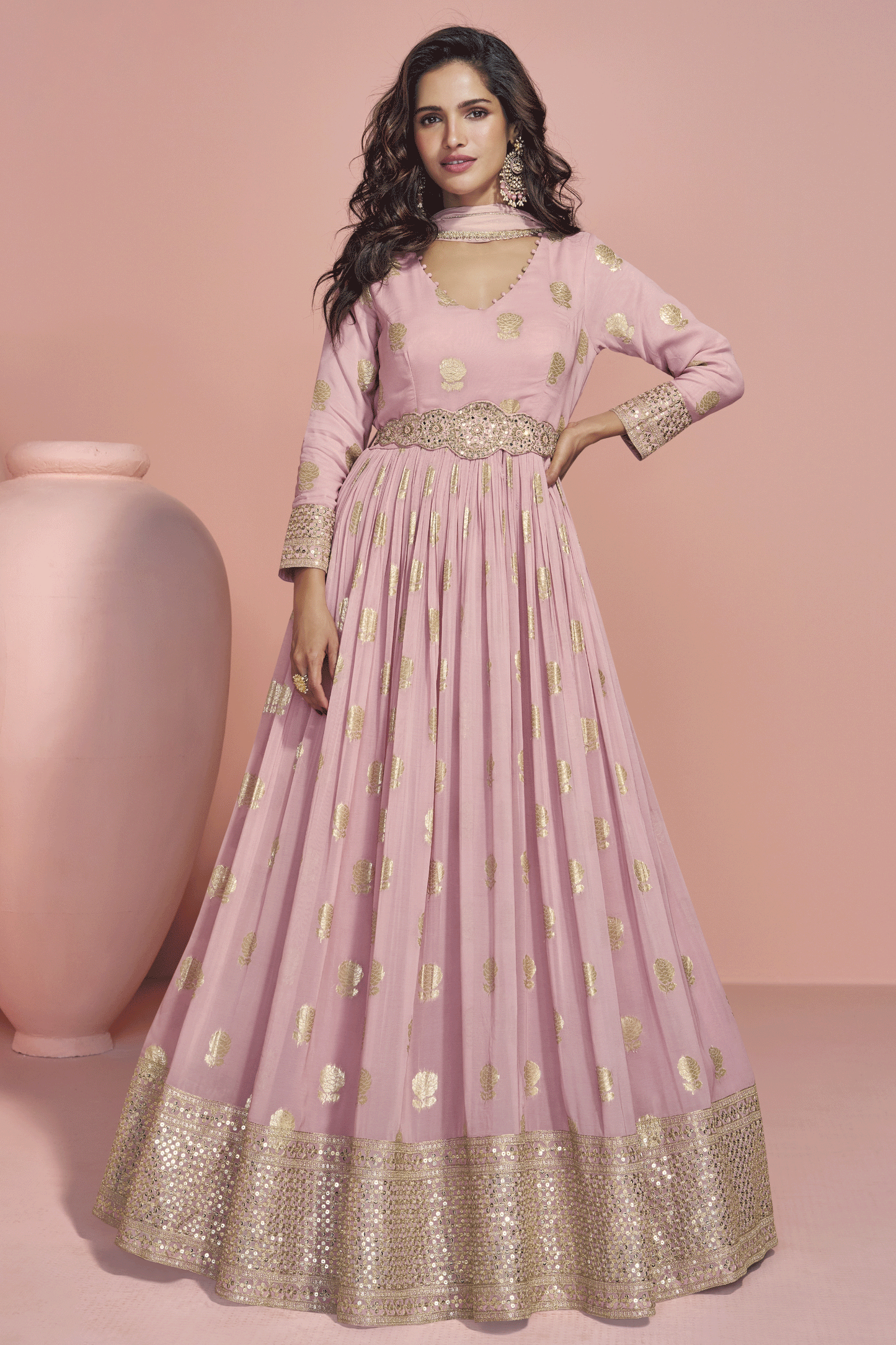 Pink Readymade Viscose Silk Gown with Dupatta-SS809_1_SareeButa.com