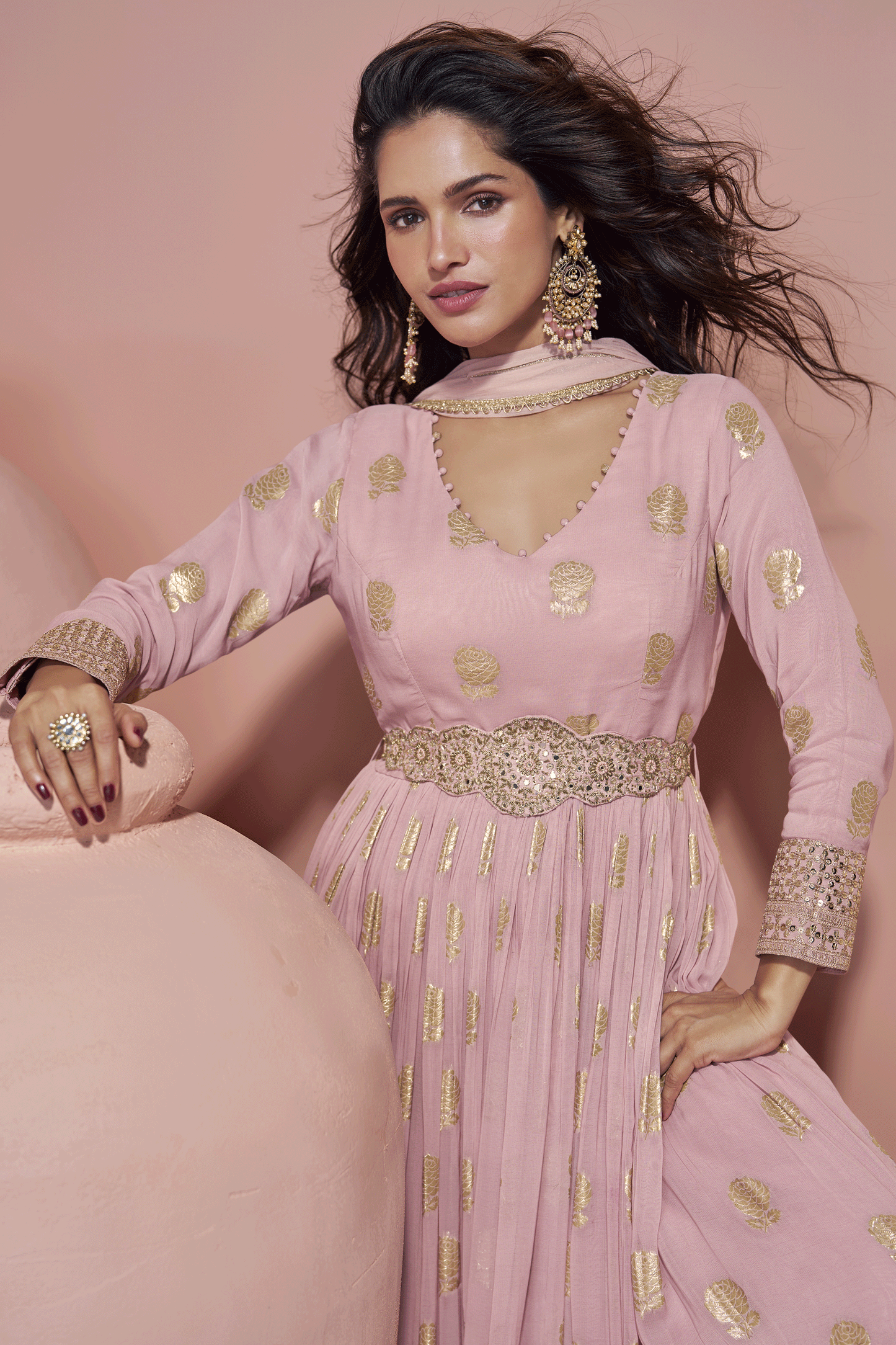 Pink Readymade Viscose Silk Gown with Dupatta-SS809_2_SareeButa.com