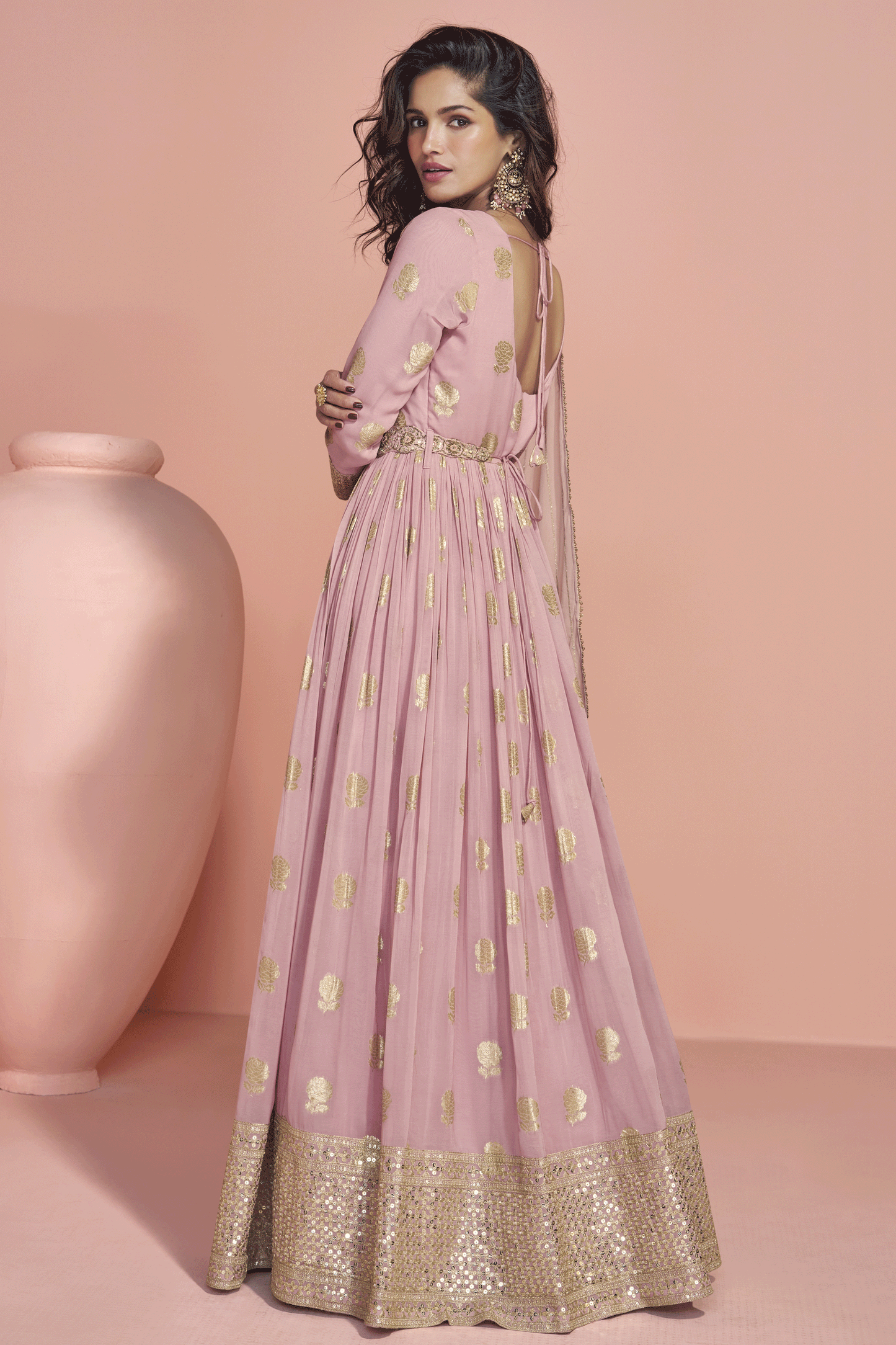 Pink Readymade Viscose Silk Gown with Dupatta-SS809_3_SareeButa.com