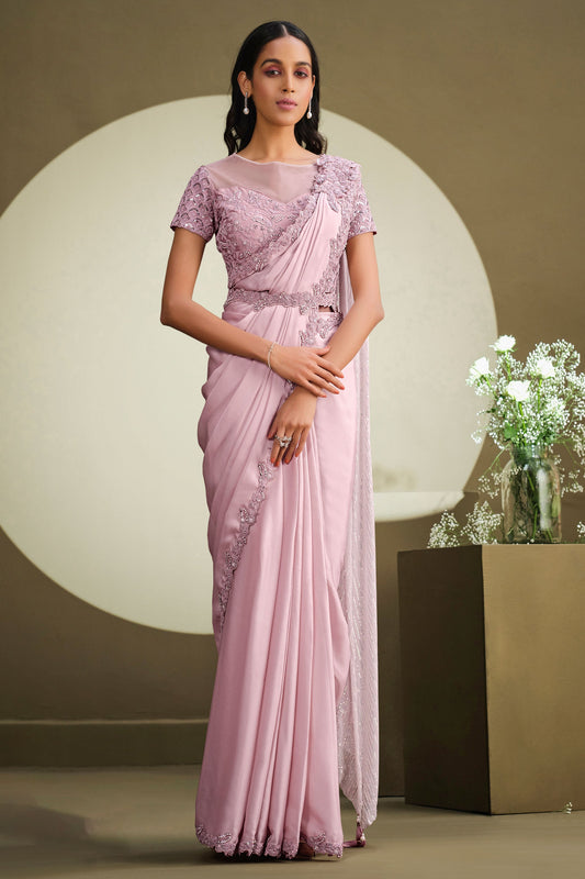 Pink Sequined Crepe Georgette Silk Readymade Saree-ZB133904_1_SareeButa.com