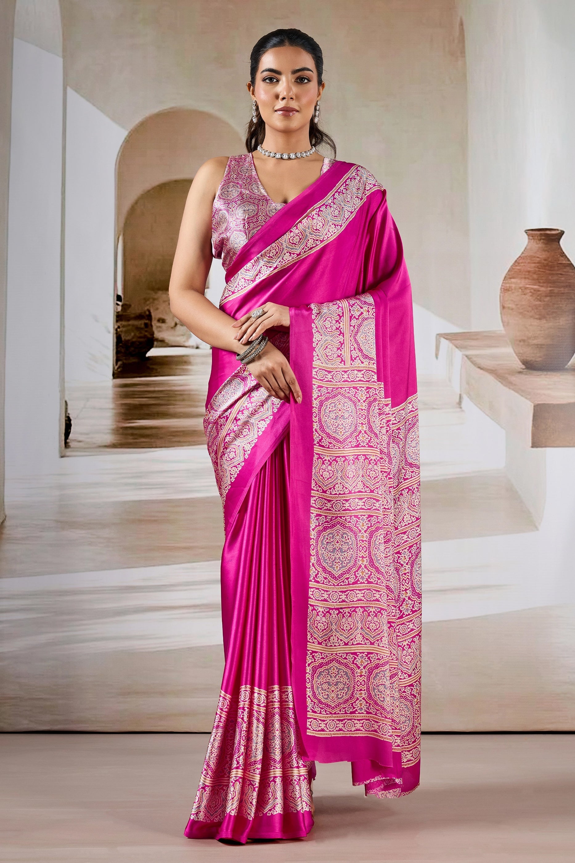 Pink Ajrakh Print Satin Saree-SAR11483_1_SareeButa.com