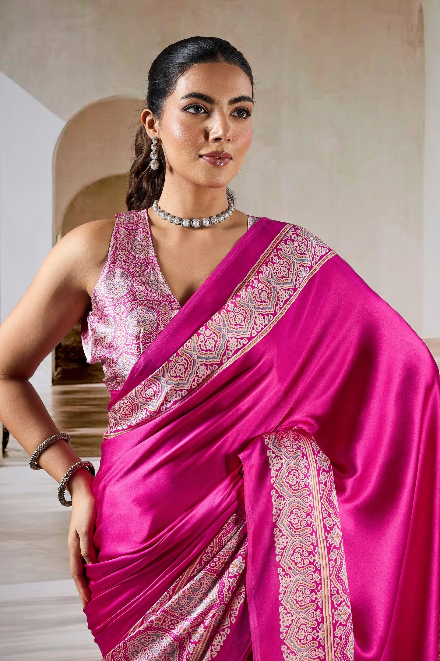 Pink Ajrakh Print Satin Saree-SAR11483_2_SareeButa.com