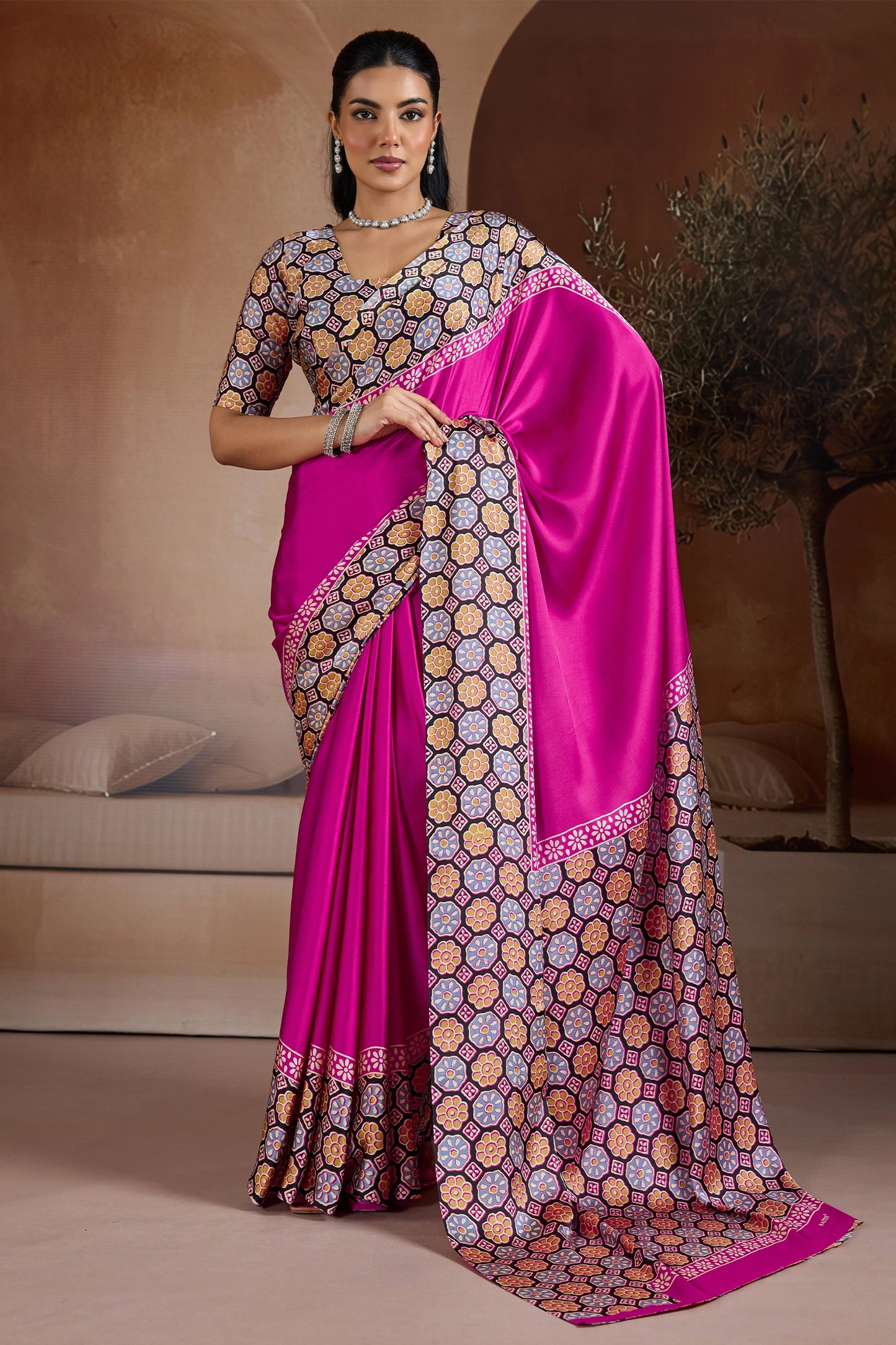 Pink Ajrakh Print Satin Saree-SAR11842_1_SareeButa.com