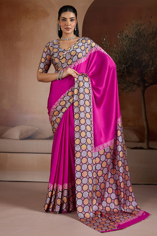 Pink Ajrakh Print Satin Saree-SAR11842_1_SareeButa.com