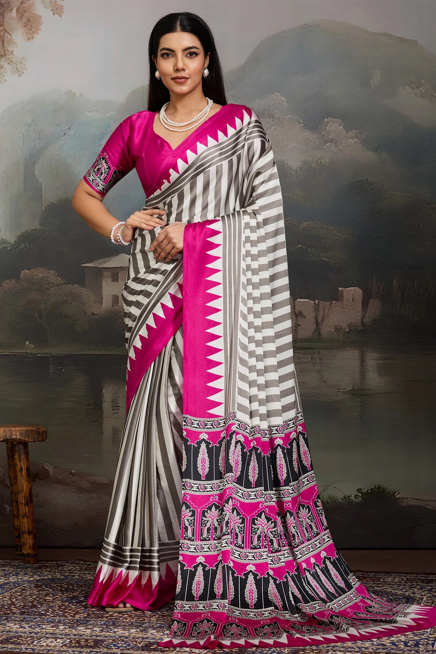 Pink Ajrakh Print Satin Saree-SAR11867_1_SareeButa.com