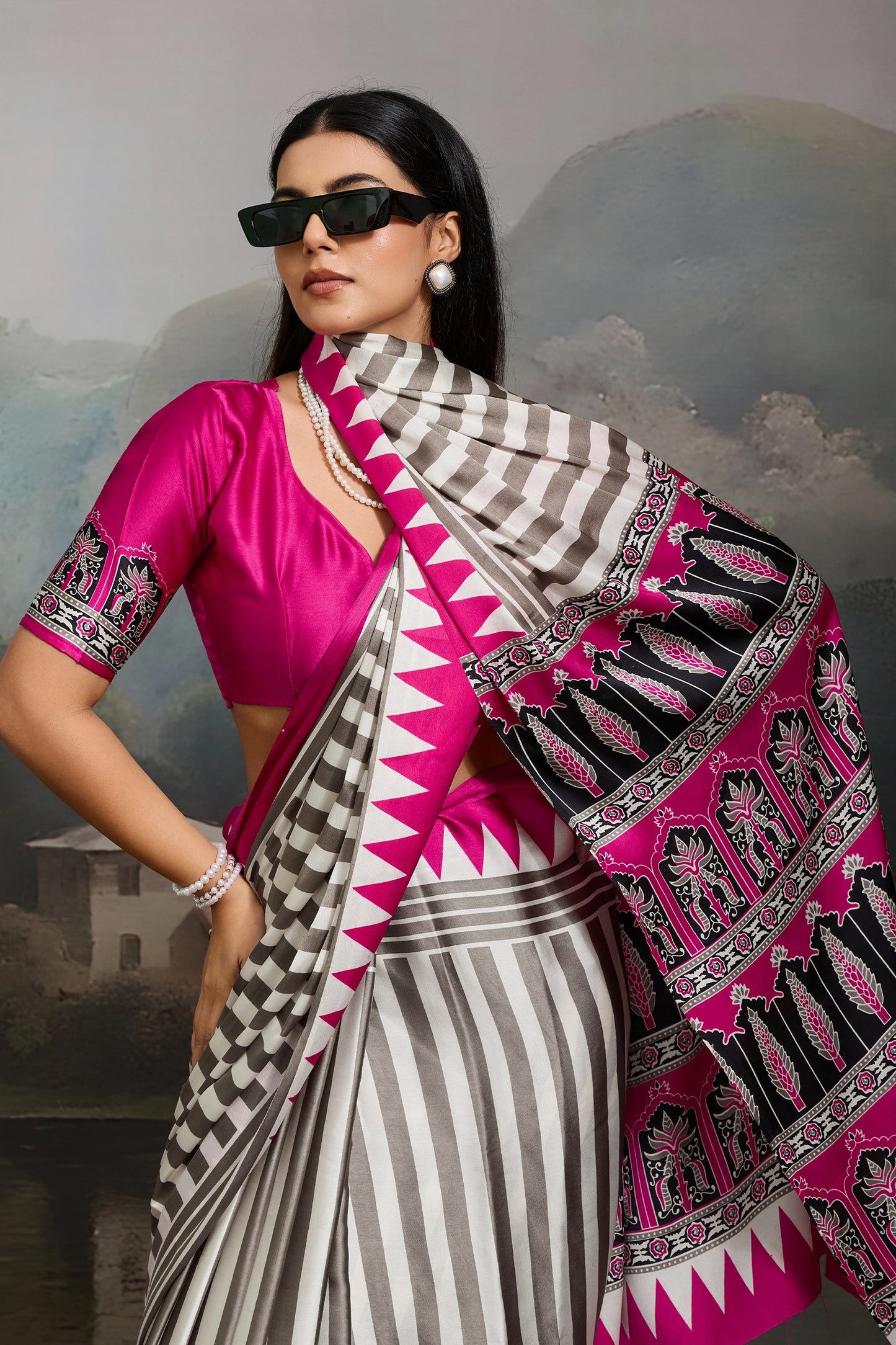 Pink Ajrakh Print Satin Saree-SAR11867_2_SareeButa.com