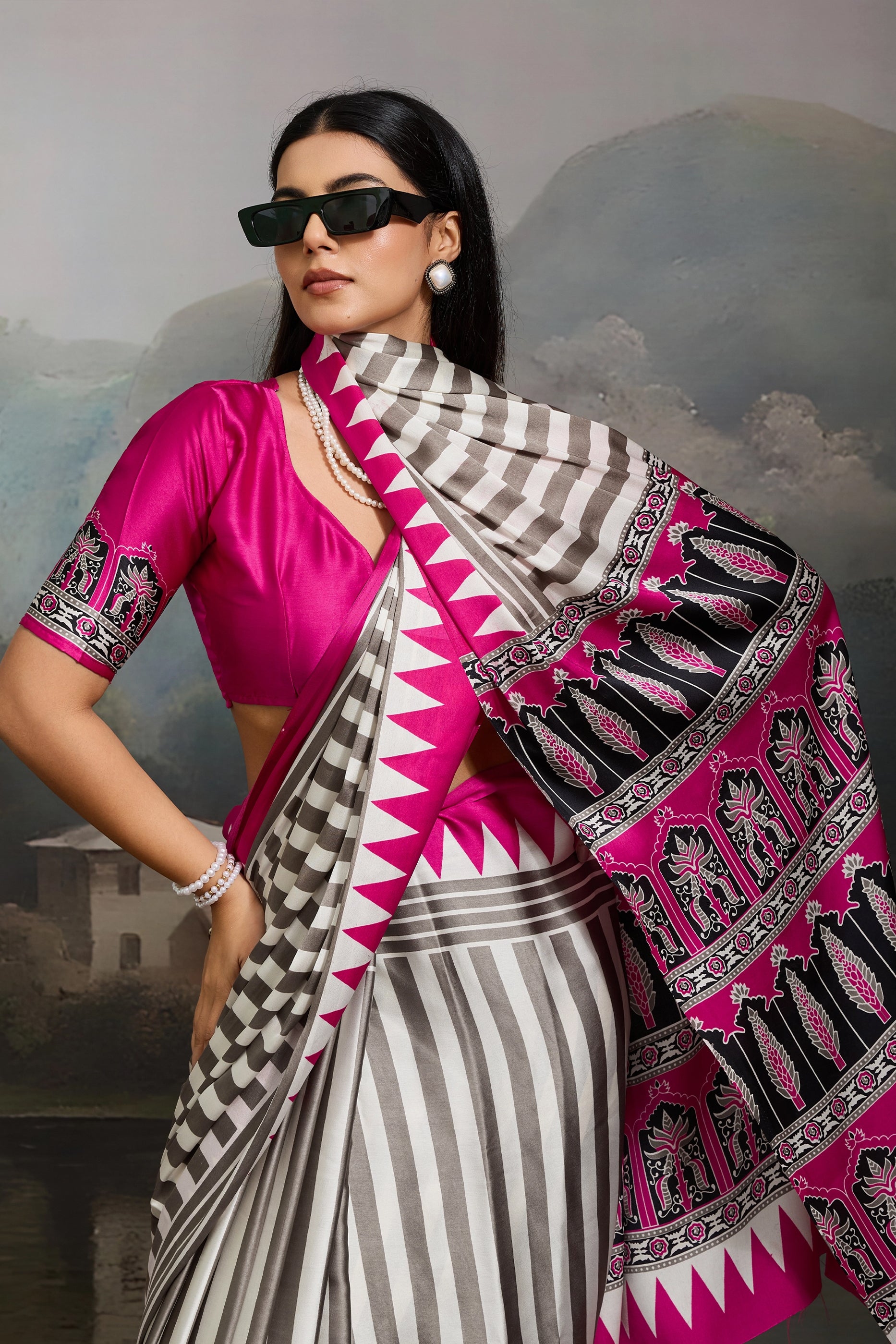 Pink Ajrakh Print Satin Saree-SAR11867_2_SareeButa.com