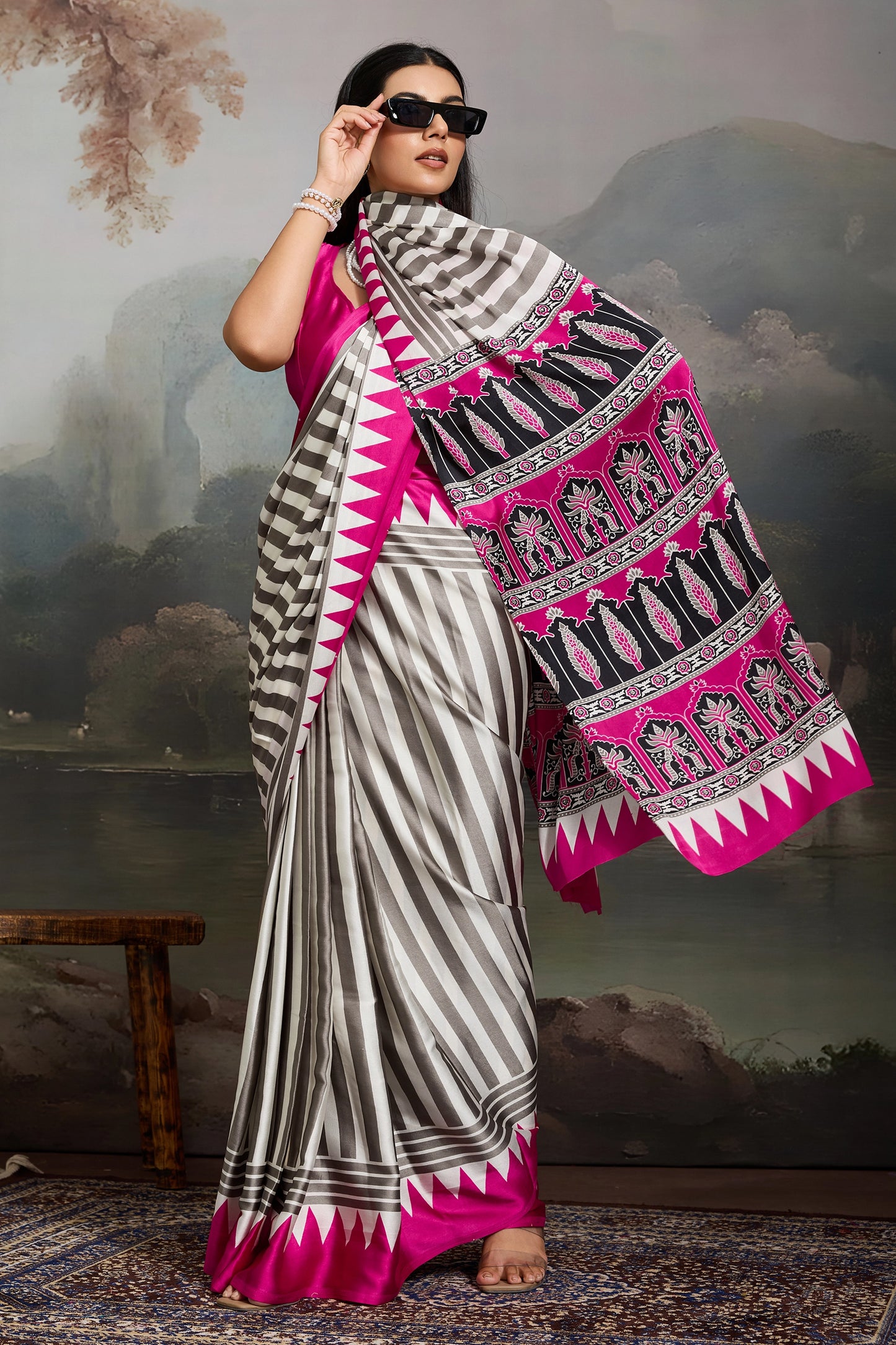 Pink Ajrakh Print Satin Saree-SAR11867_3_SareeButa.com