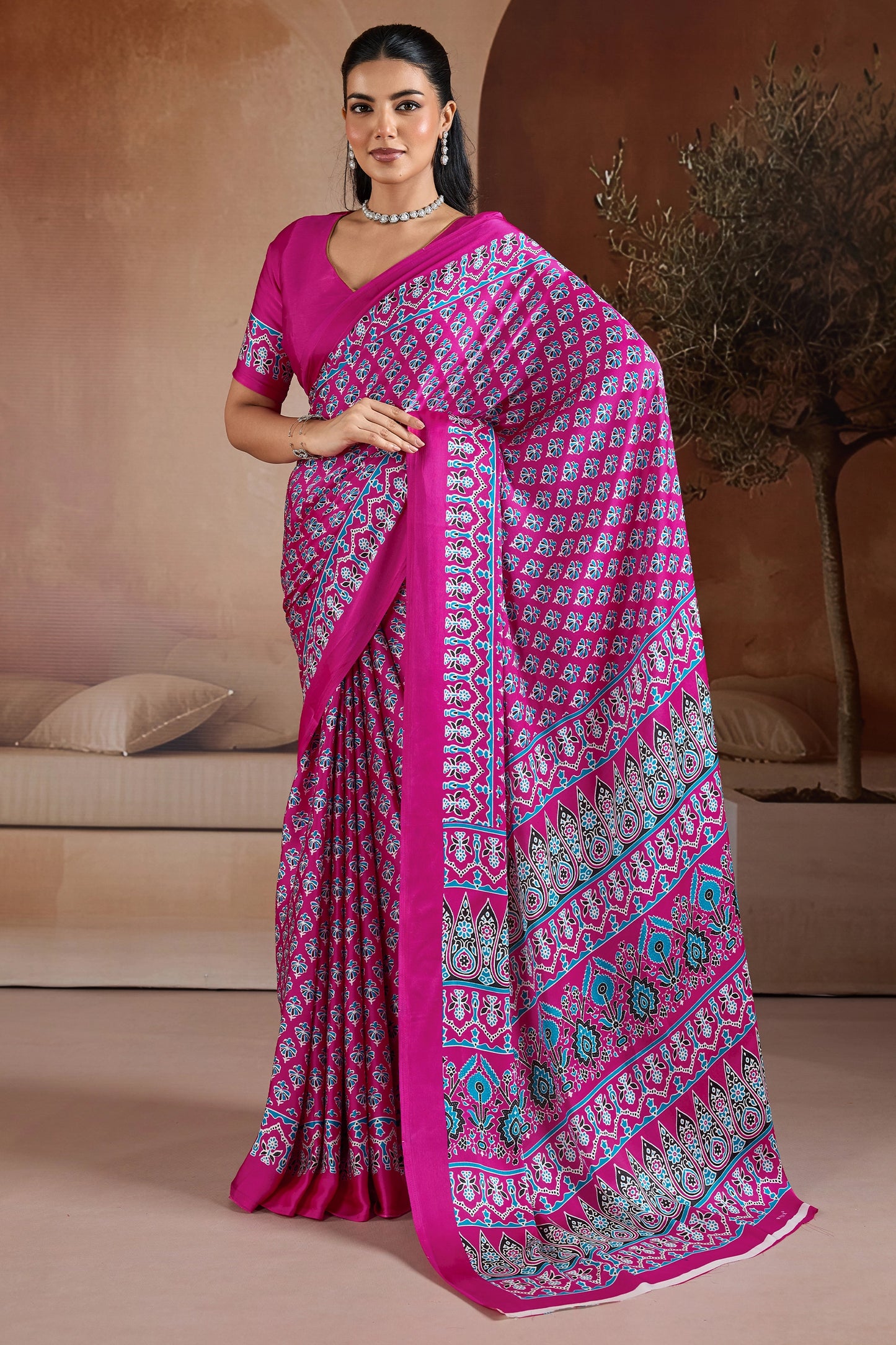 Pink Ajrakh Print Satin Saree-SAR11897_1_SareeButa.com