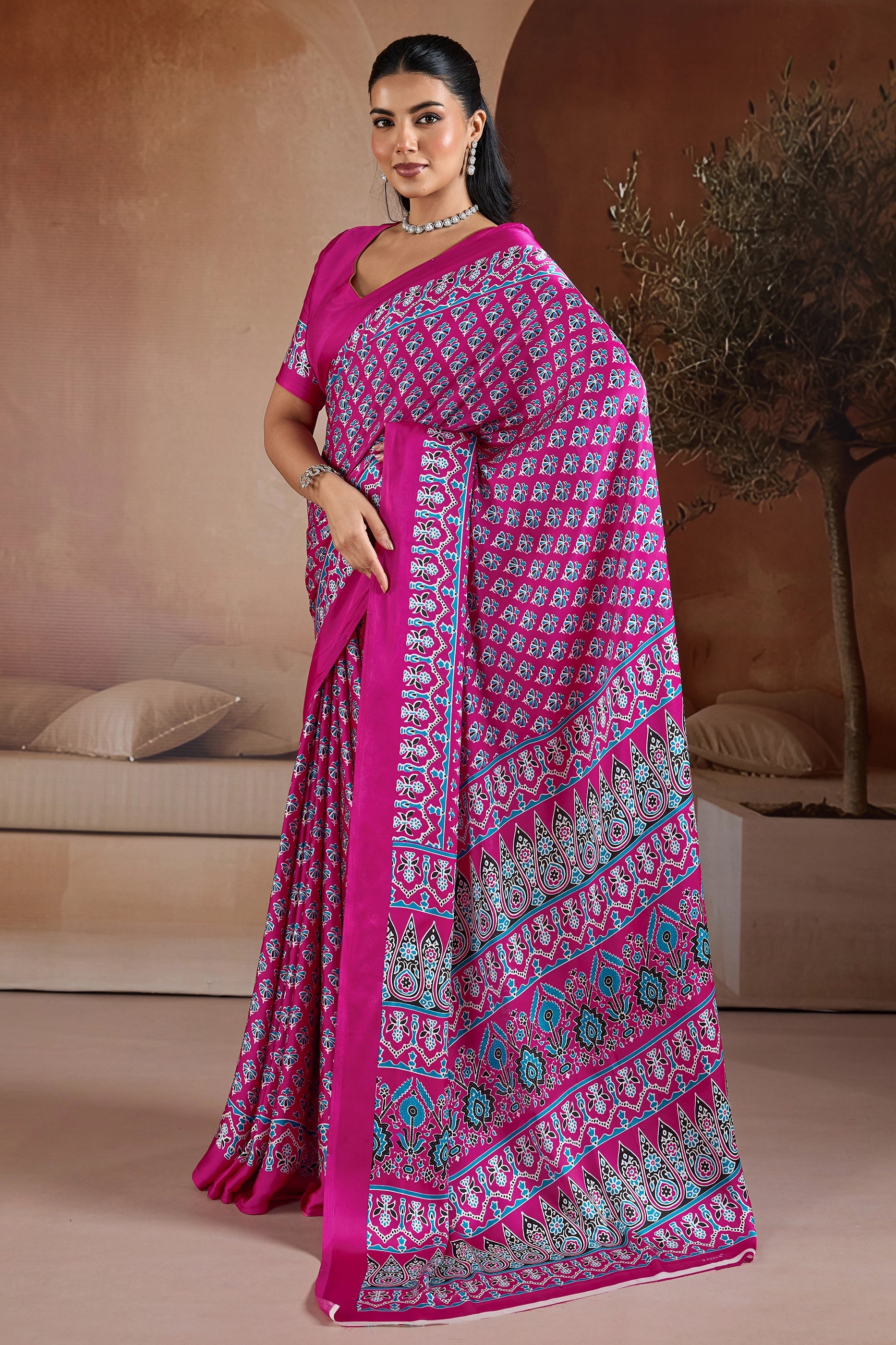 Pink Ajrakh Print Satin Saree-SAR11897_3_SareeButa.com