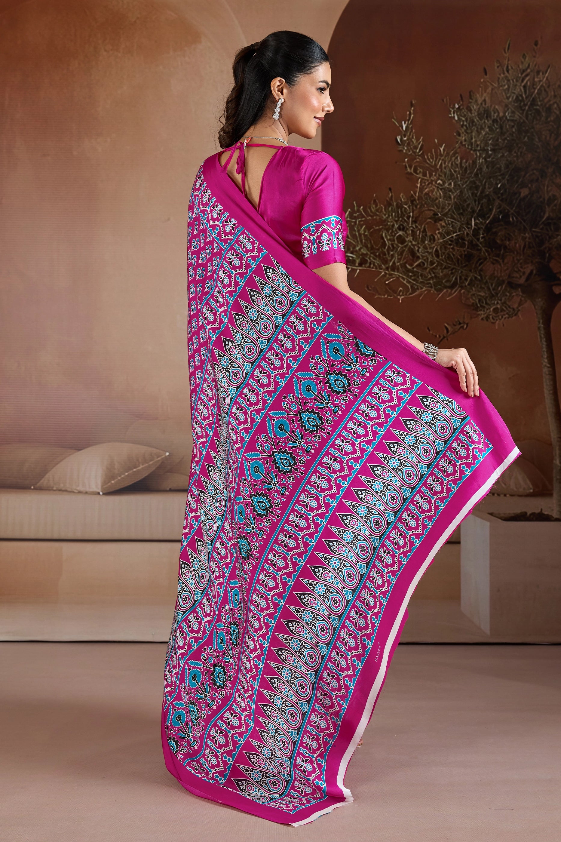Pink Ajrakh Print Satin Saree-SAR11897_5_SareeButa.com