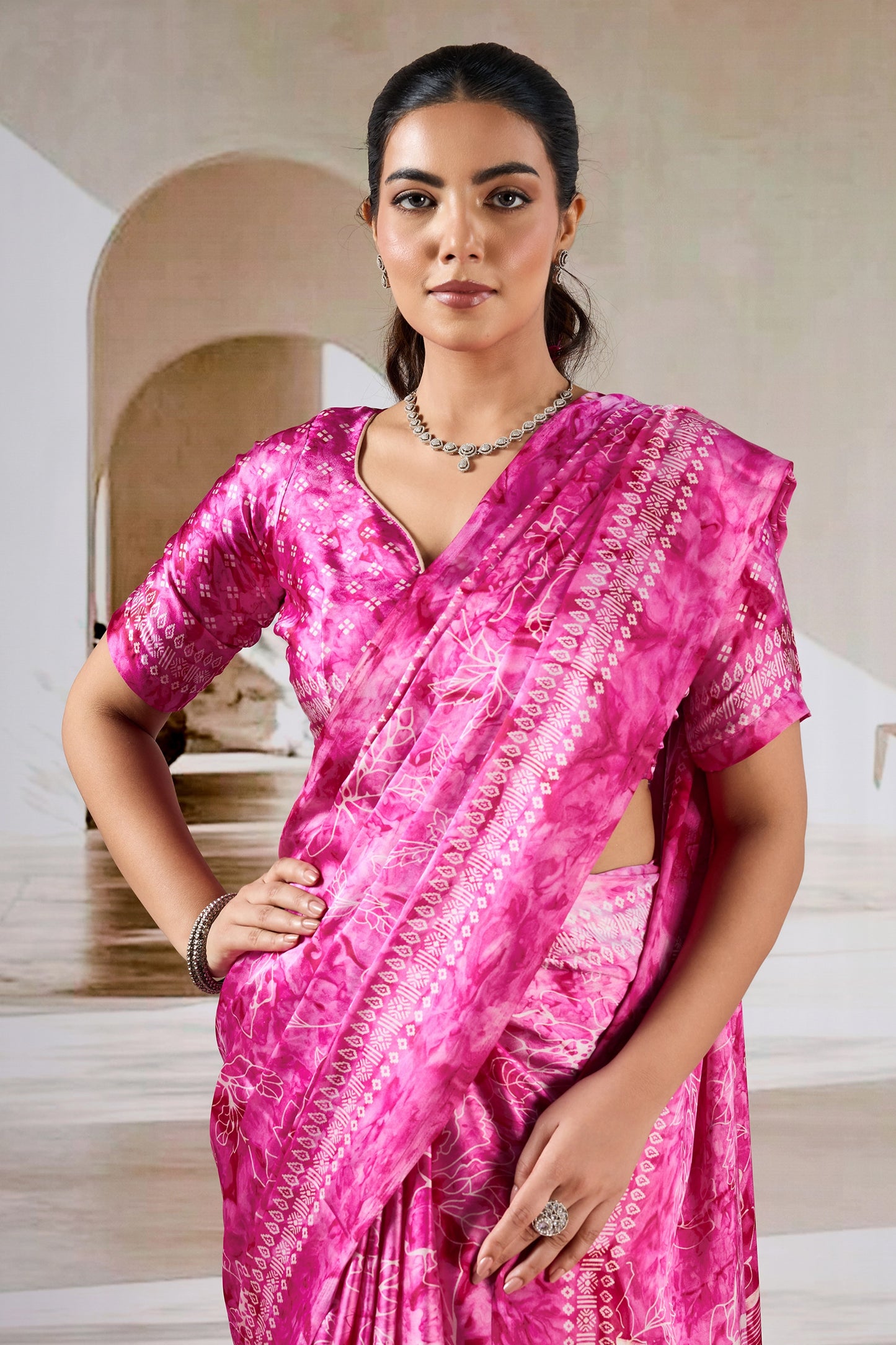 Pink Ajrakh Print Satin Saree-SAR11906_2_SareeButa.com