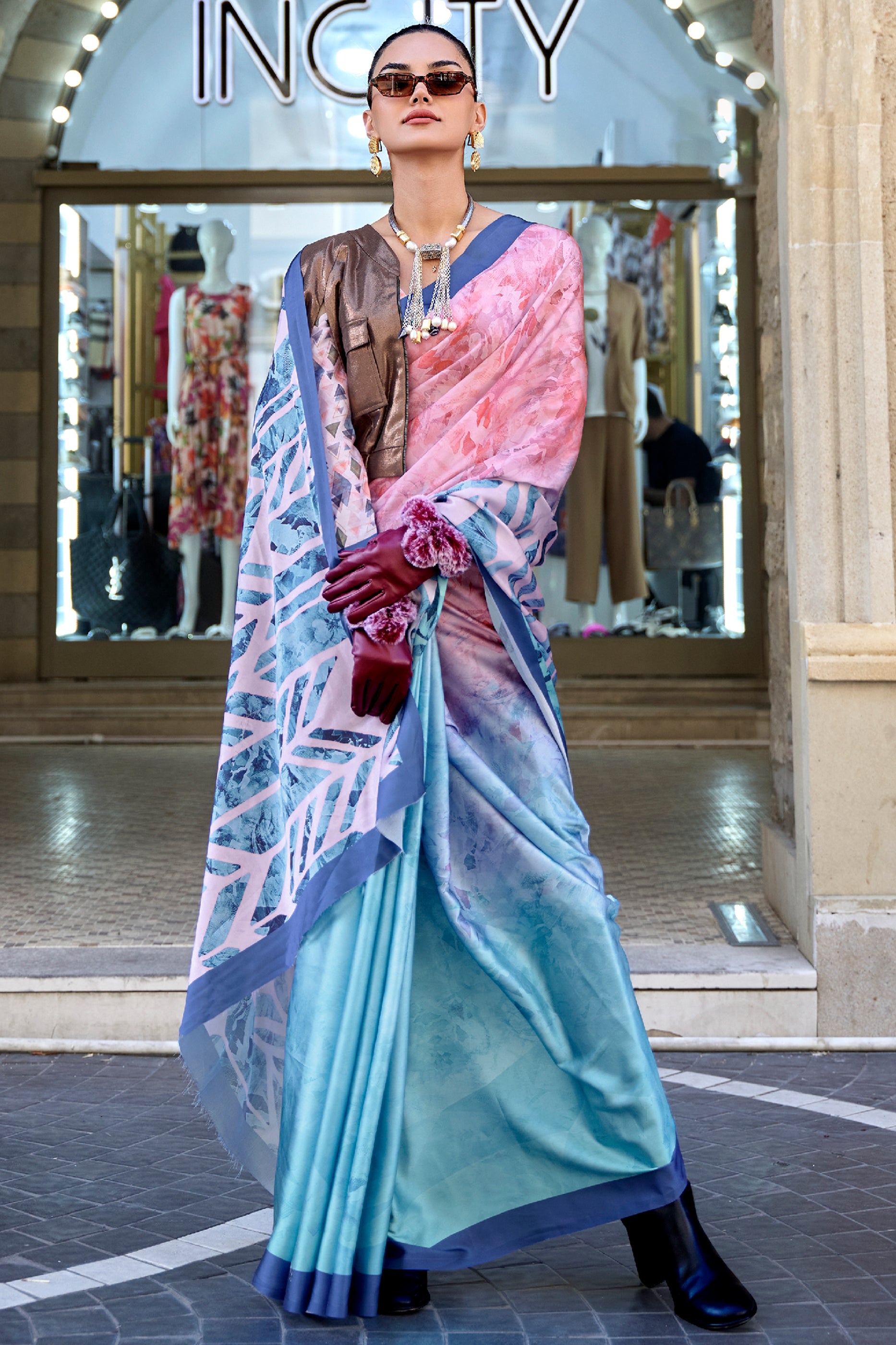 Pink And Blue Digital Print Satin Saree-SAR12392_1_SareeButa.com