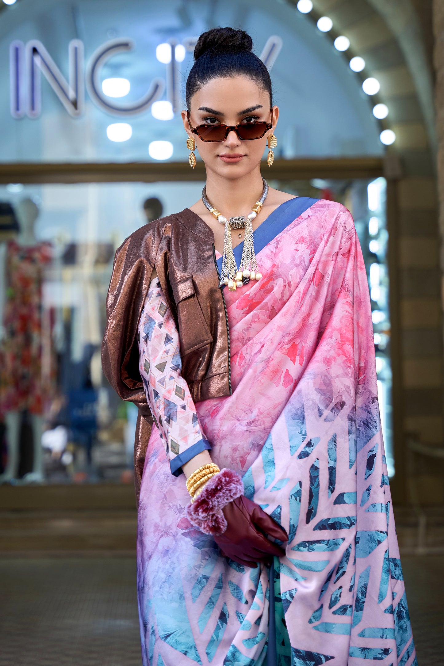 Pink And Blue Digital Print Satin Saree-SAR12392_2_SareeButa.com