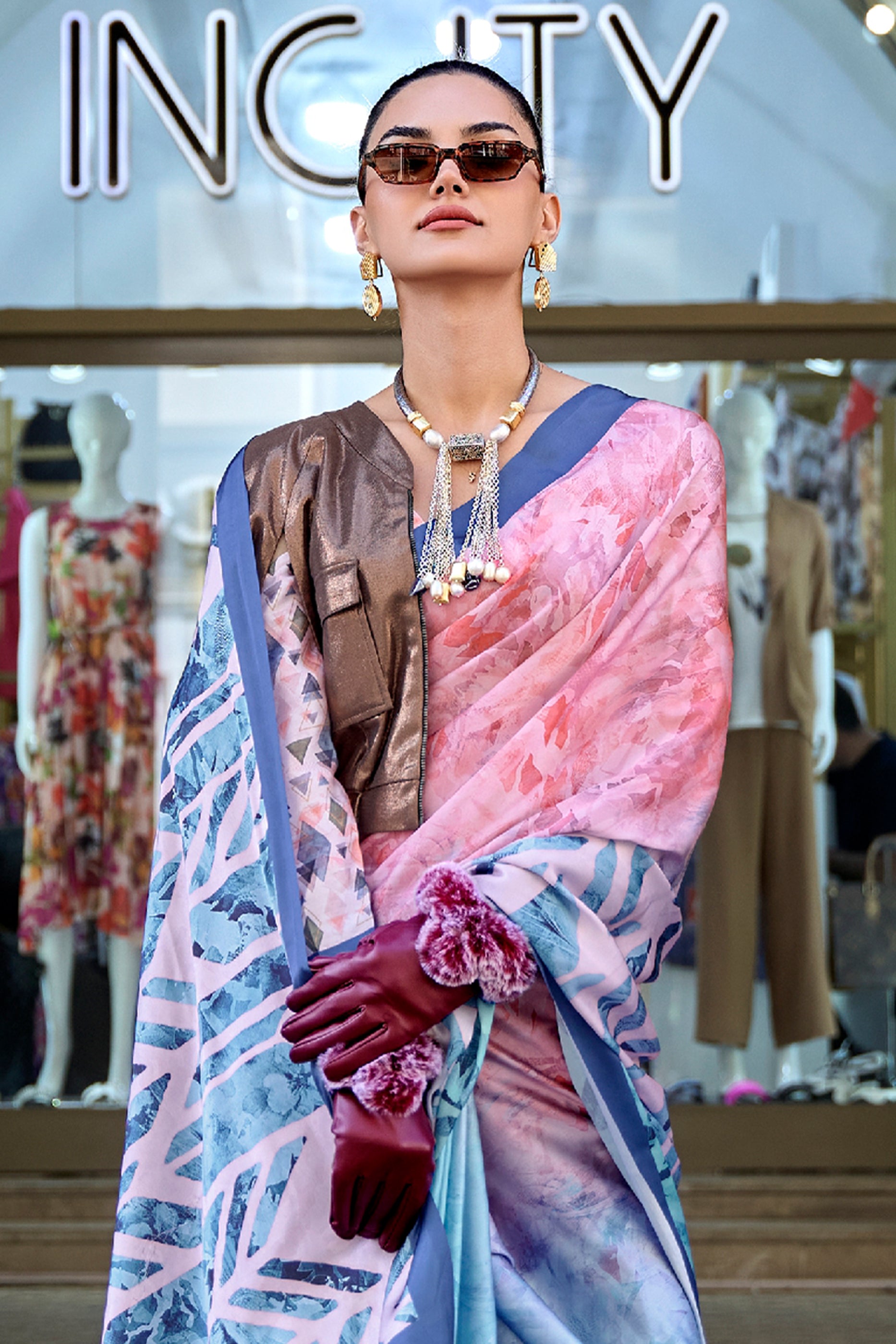 Pink And Blue Digital Print Satin Saree-SAR12392_3_SareeButa.com