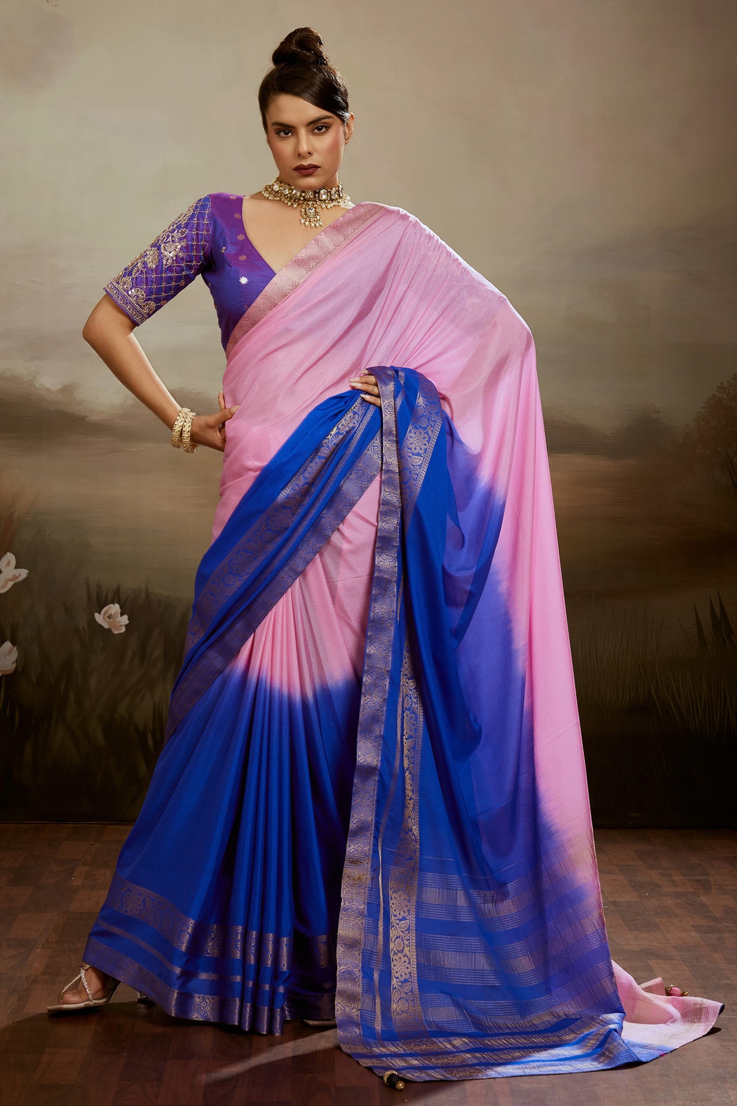 Pink And Blue Ombre Chiffon Saree-SAR12572_1_SareeButa.com