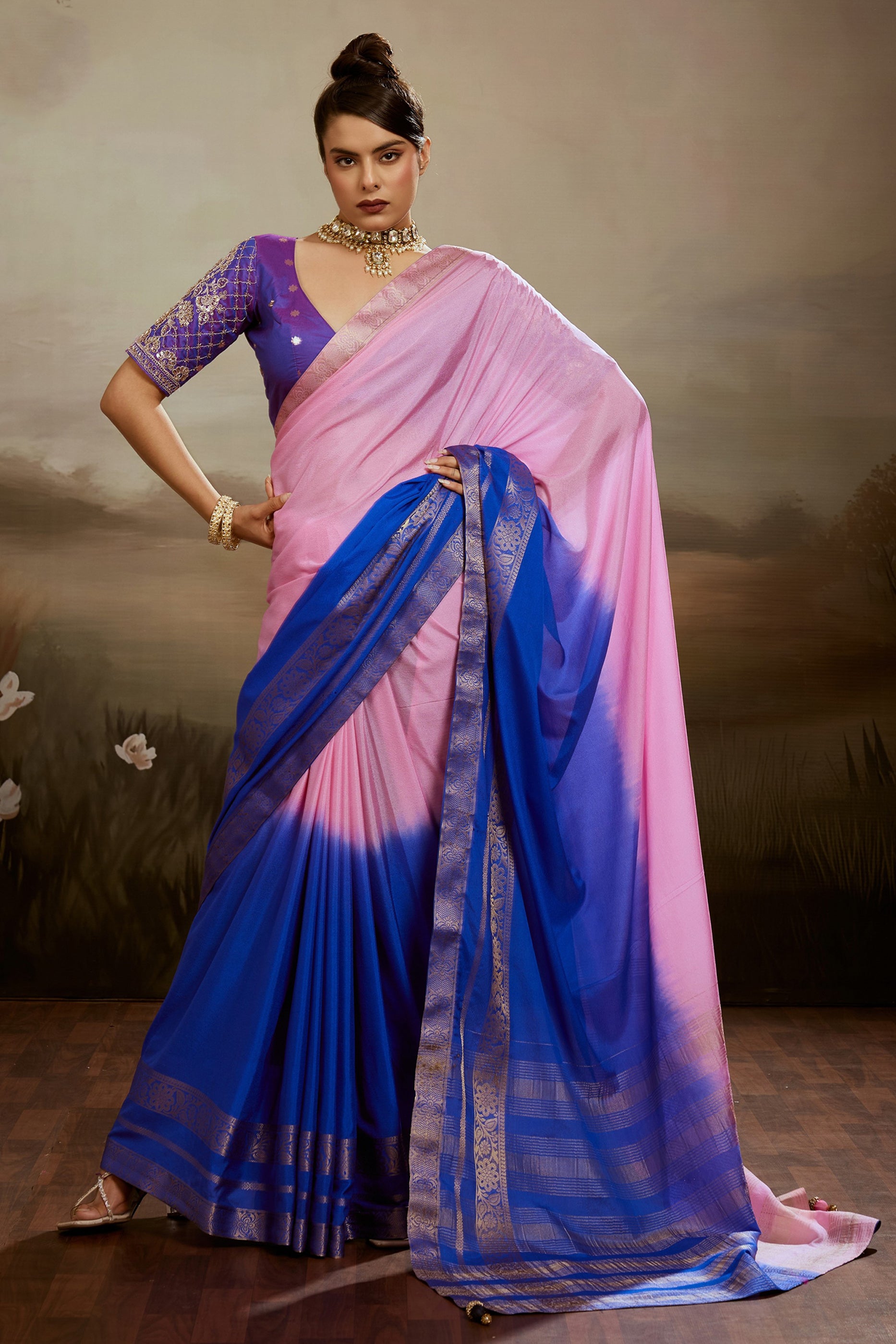 Pink And Blue Ombre Chiffon Saree-SAR12572_1_SareeButa.com