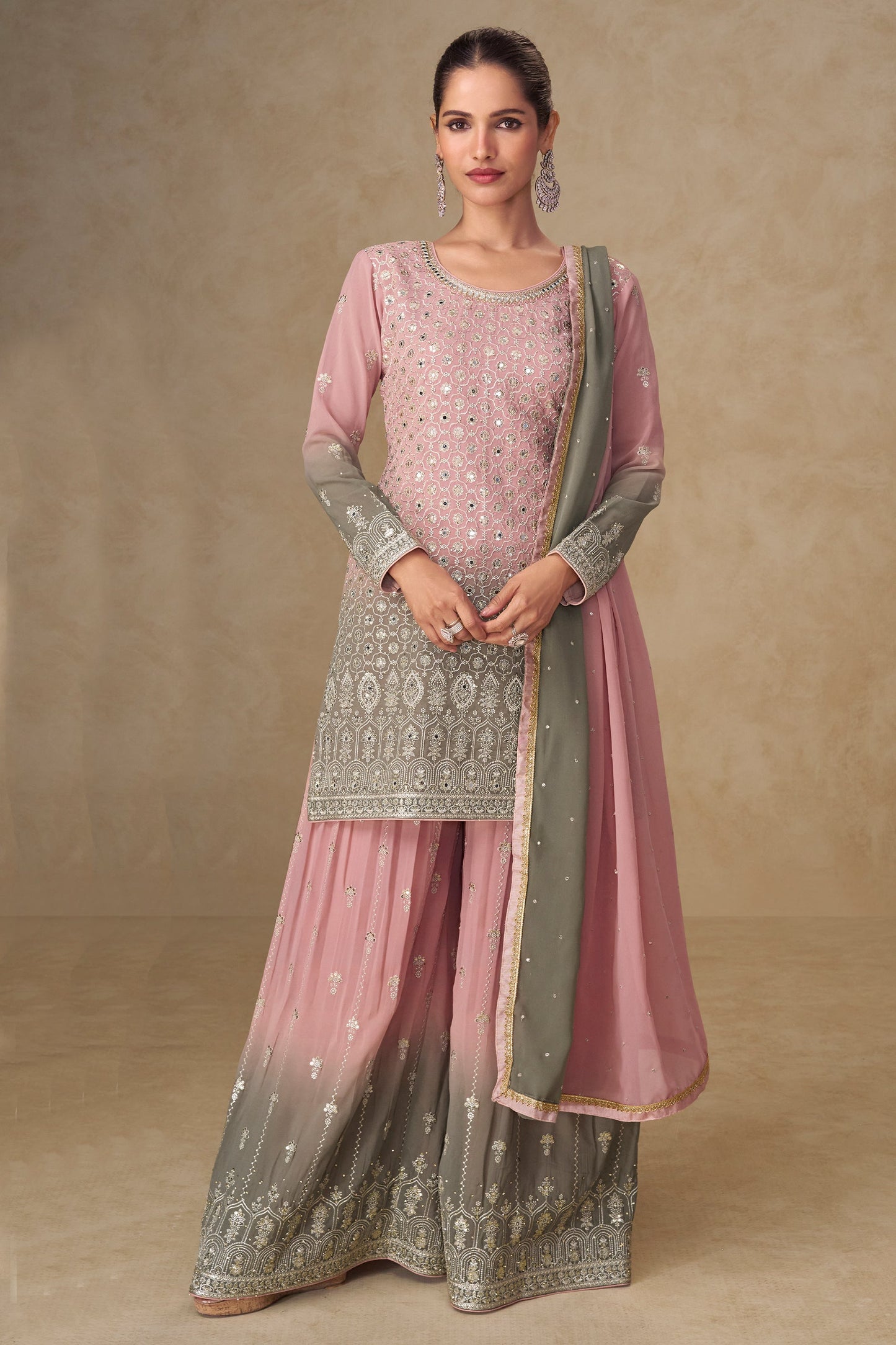 Pink And Grey Readymade Embroidered Georgette Suit-SAR11533_1_SareeButa.com