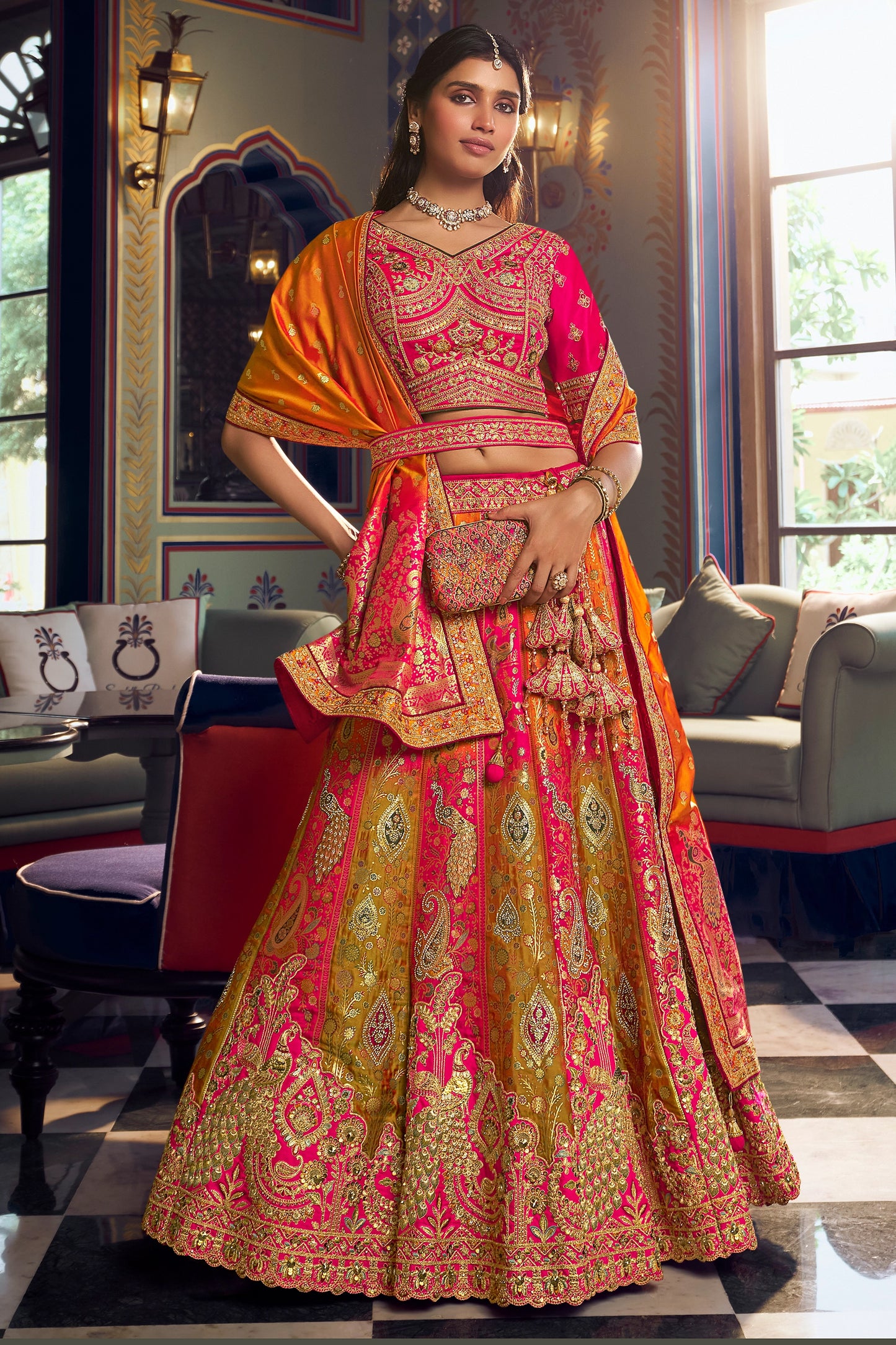 Pink And Mustard Heavy Work Banarasi Silk Lehenga-SAR13163_1_SareeButa.com