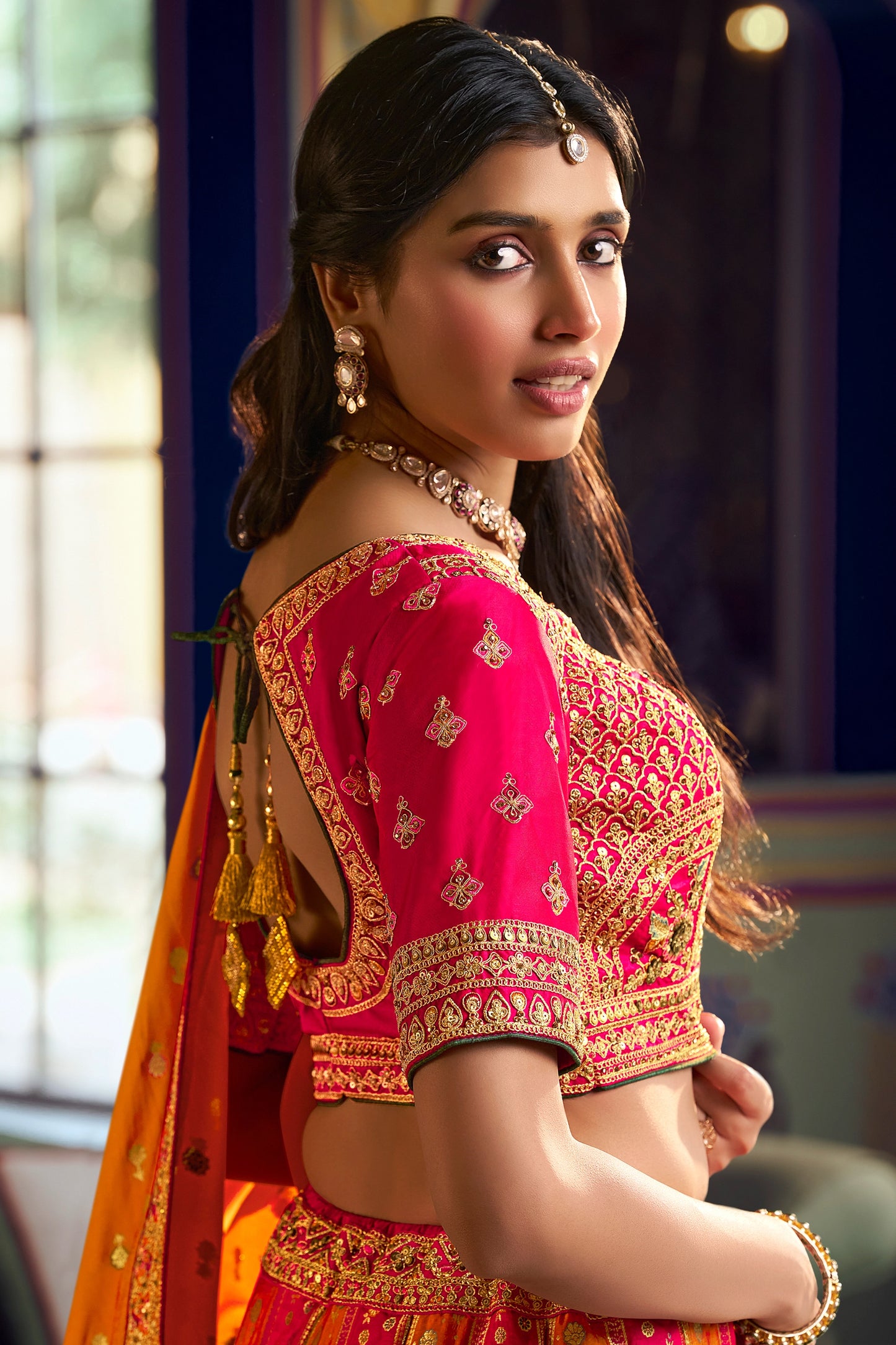 Pink And Mustard Heavy Work Banarasi Silk Lehenga-SAR13163_2_SareeButa.com