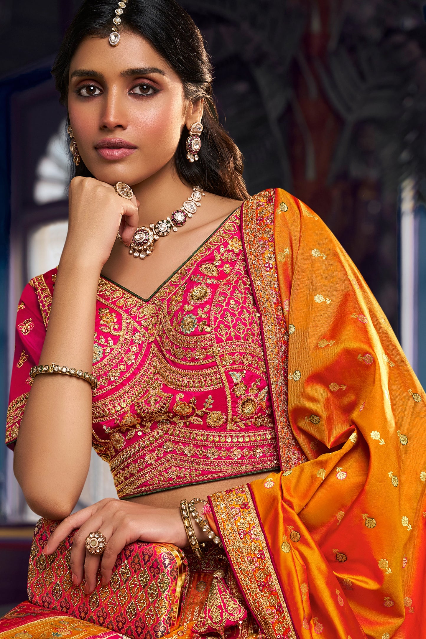 Pink And Mustard Heavy Work Banarasi Silk Lehenga-SAR13163_3_SareeButa.com