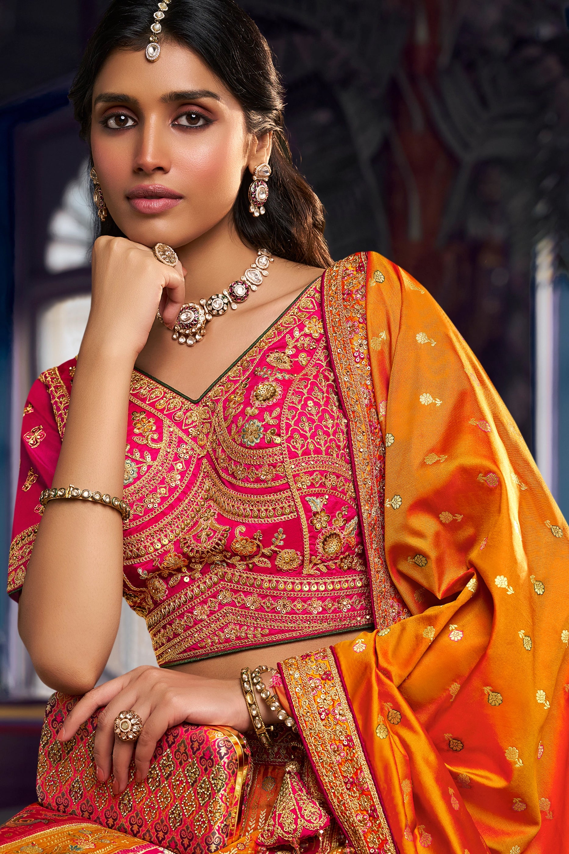 Pink And Mustard Heavy Work Banarasi Silk Lehenga-SAR13163_3_SareeButa.com