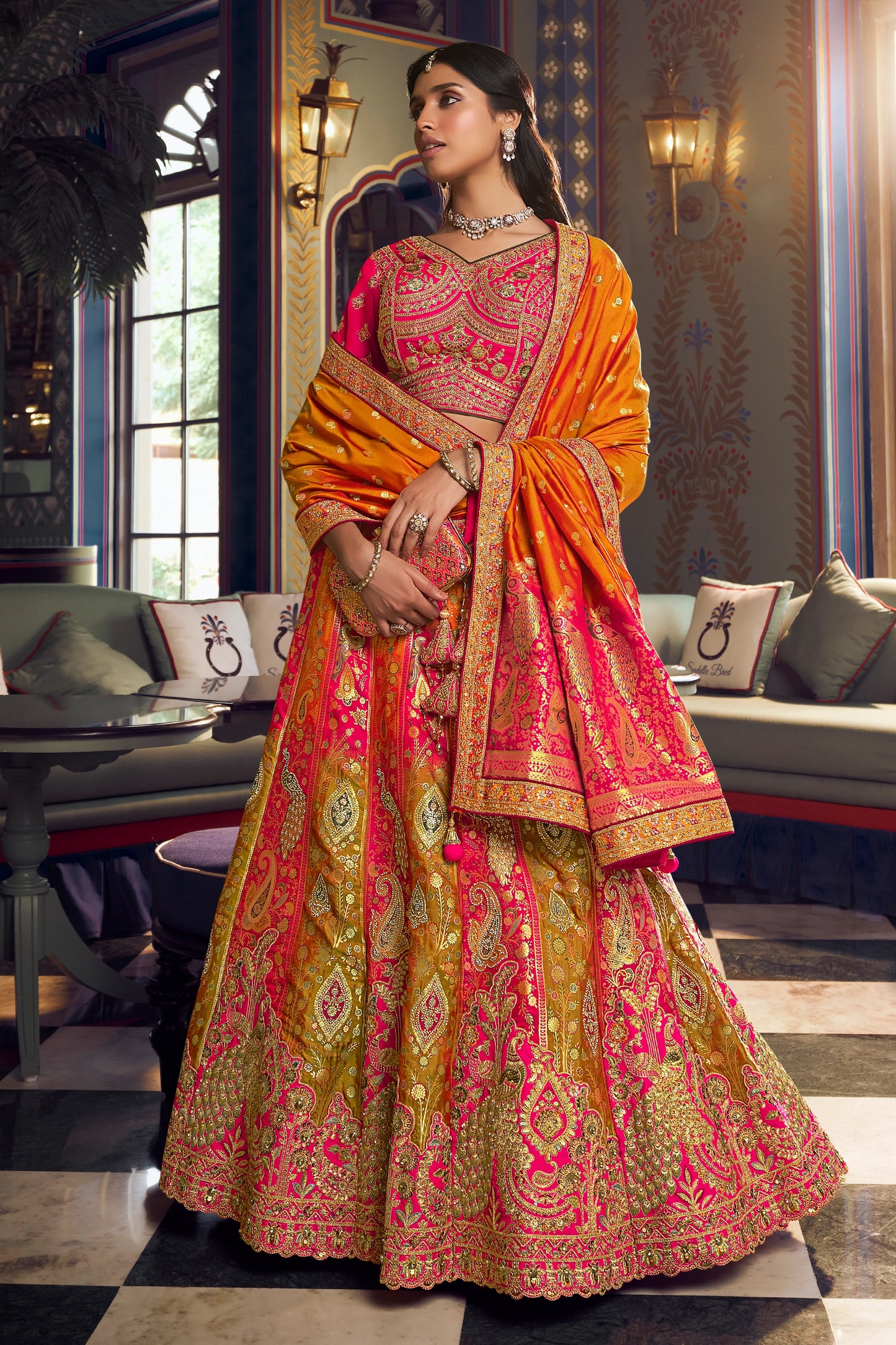 Pink And Mustard Heavy Work Banarasi Silk Lehenga-SAR13163_5_SareeButa.com