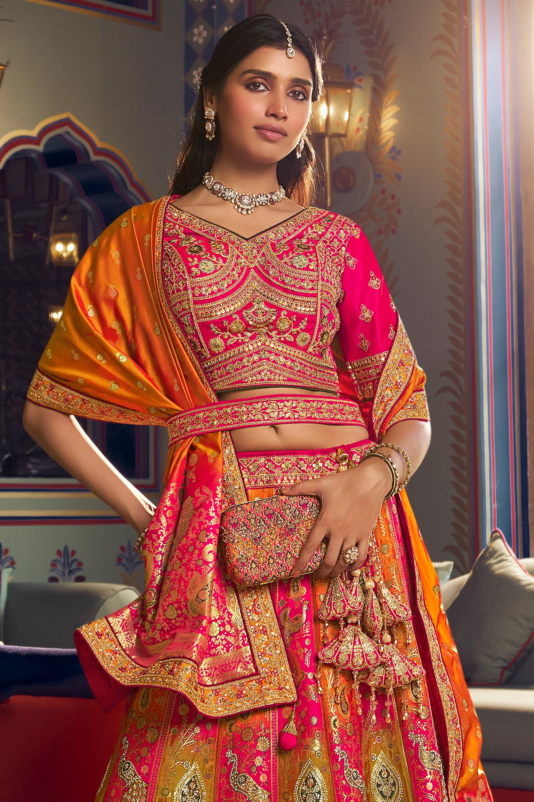 Pink And Mustard Heavy Work Banarasi Silk Lehenga-SAR13163_6_SareeButa.com