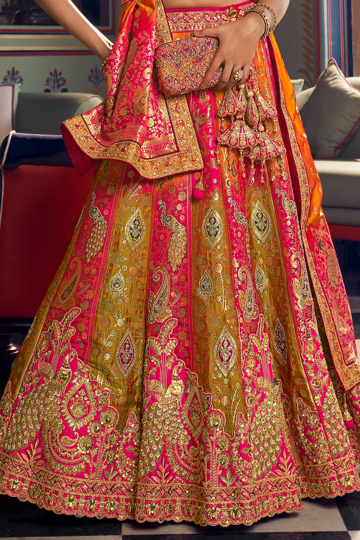 Pink And Mustard Heavy Work Banarasi Silk Lehenga-SAR13163_7_SareeButa.com