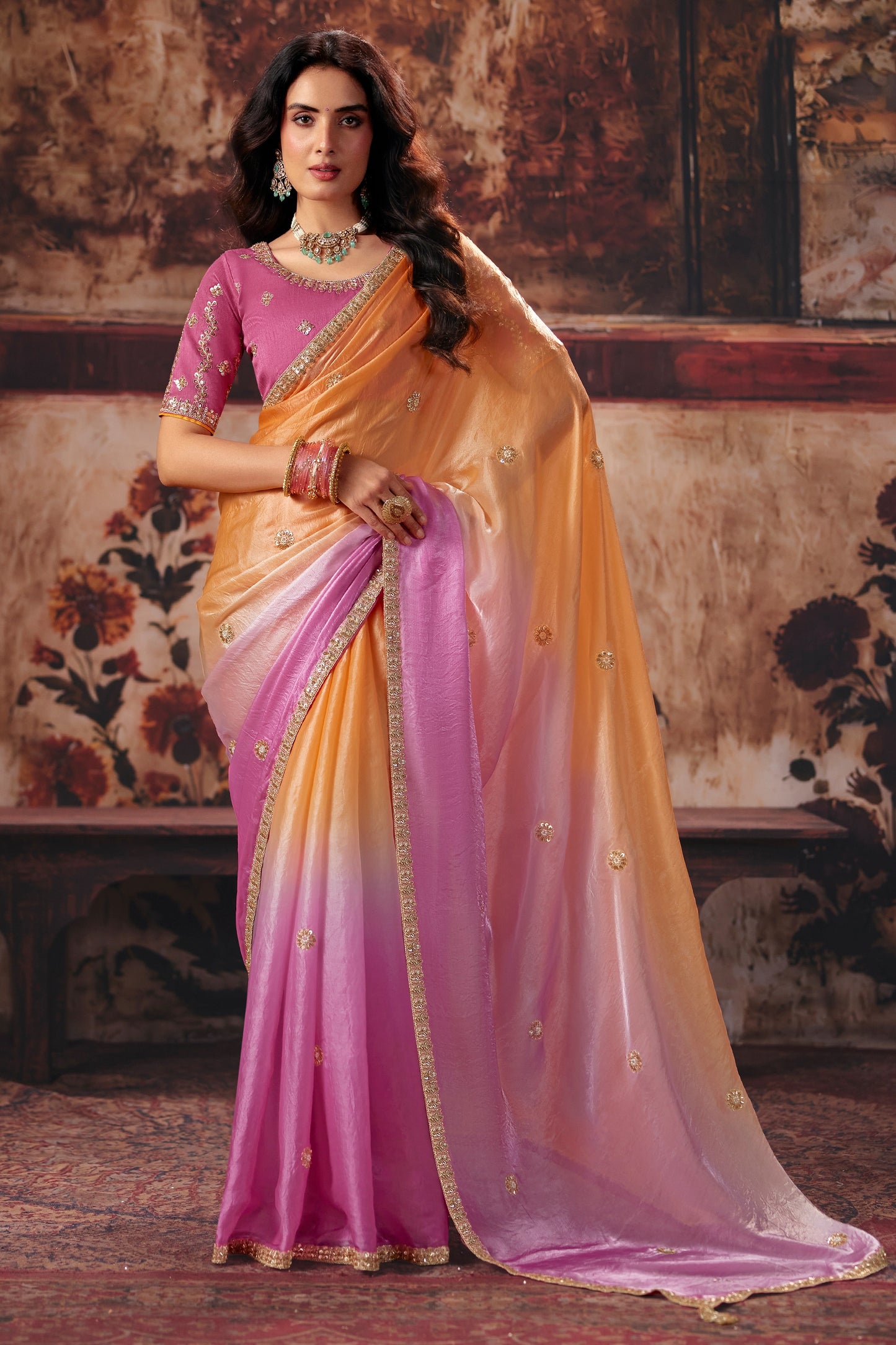 Pink And Orange Embroidered Organza Saree-SAR13206_1_SareeButa.com