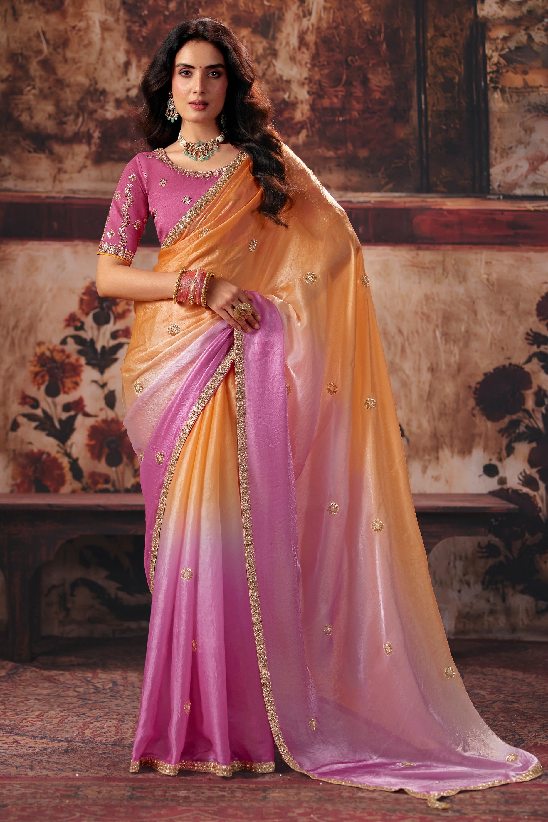 Pink And Orange Embroidered Organza Saree-SAR13206_1_SareeButa.com