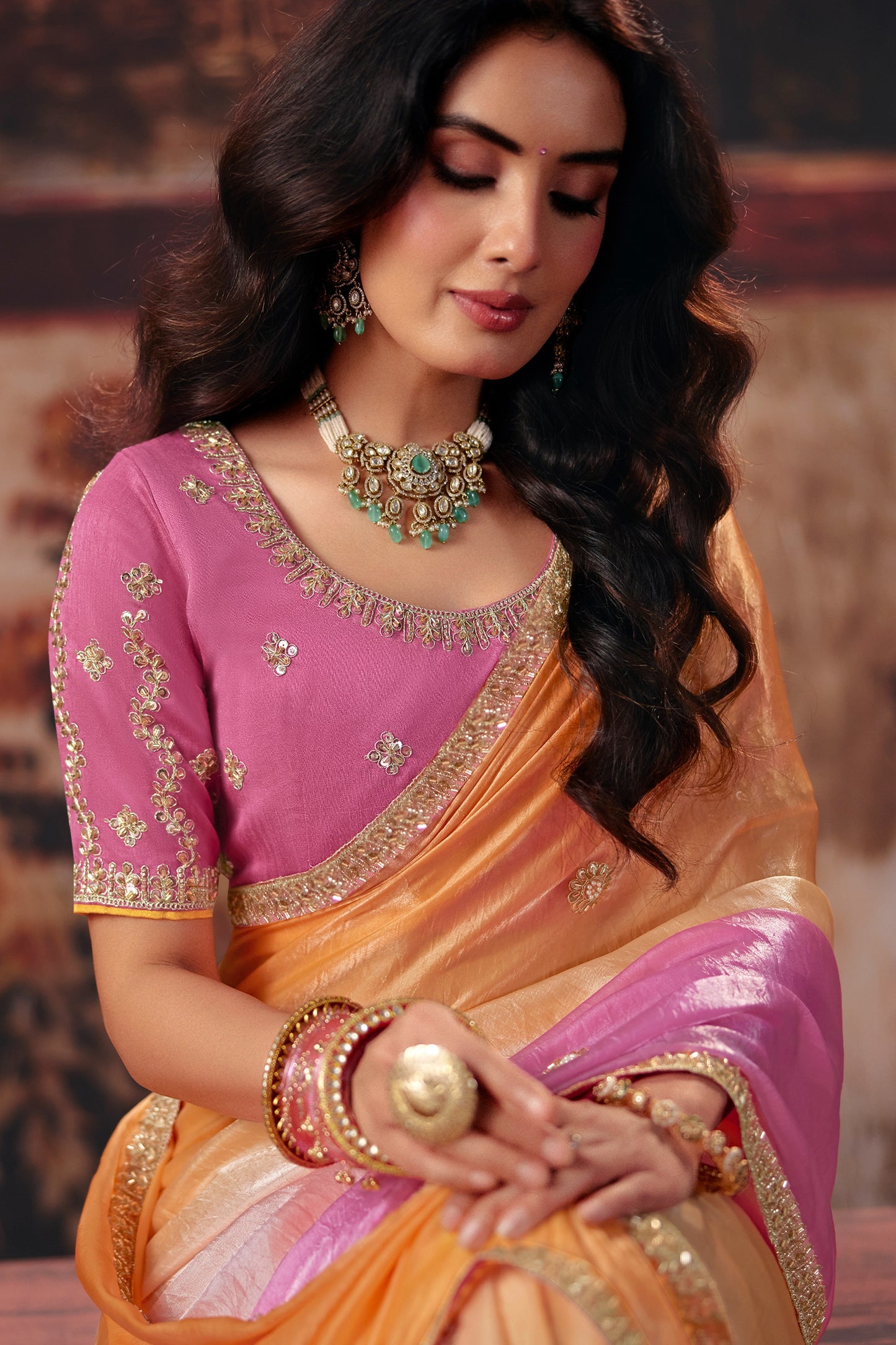 Pink And Orange Embroidered Organza Saree-SAR13206_2_SareeButa.com