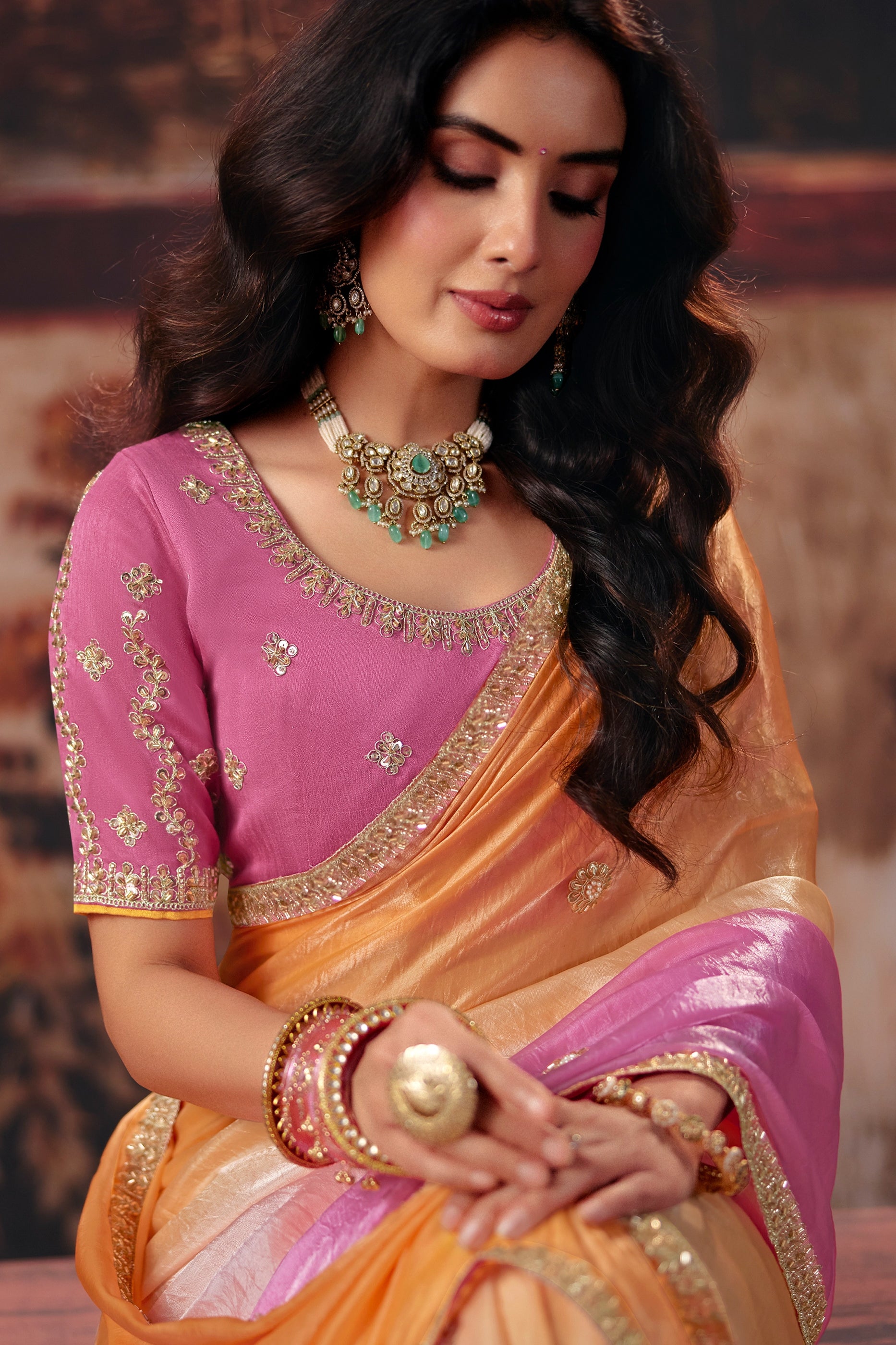 Pink And Orange Embroidered Organza Saree-SAR13206_2_SareeButa.com